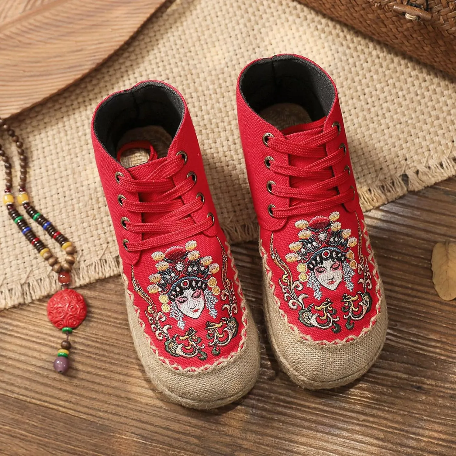 Lace Up Women's Retro Handmade Linen Shoes, Traditional Soft Flat Heel Casual Footwear, Fashion Breathable Flat Shoes,6.5,Red
