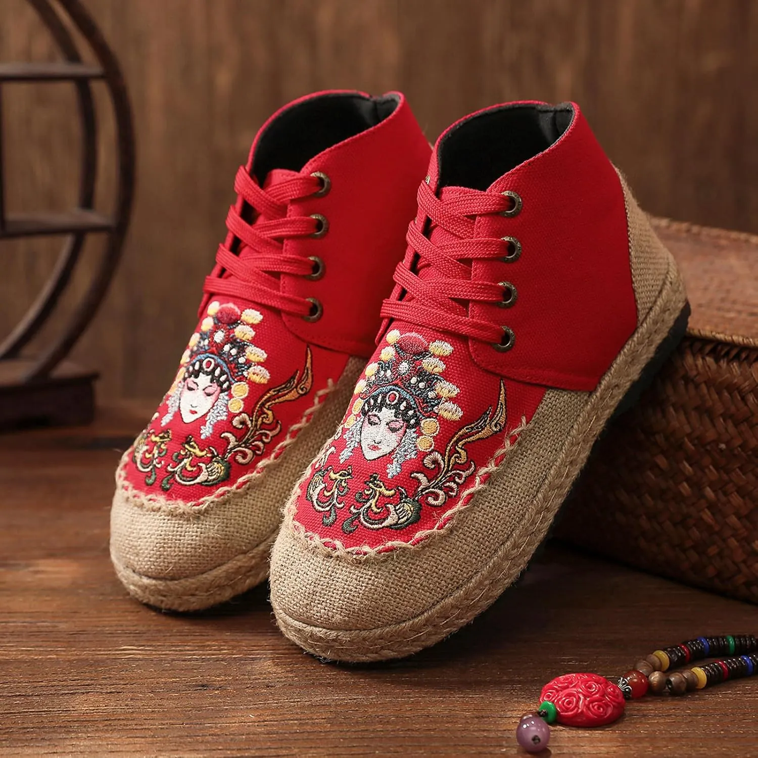 Lace Up Women's Retro Handmade Linen Shoes, Traditional Soft Flat Heel Casual Footwear, Fashion Breathable Flat Shoes,6.5,Red