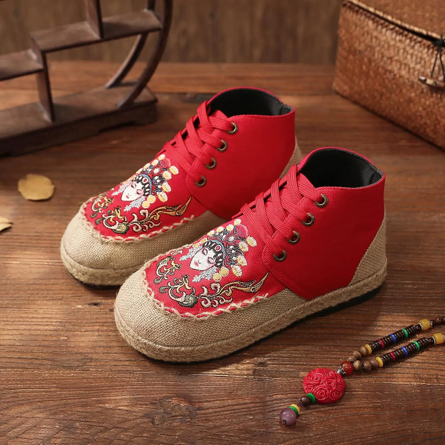 Lace Up Women's Retro Handmade Linen Shoes, Traditional Soft Flat Heel Casual Footwear, Fashion Breathable Flat Shoes,6.5,Red