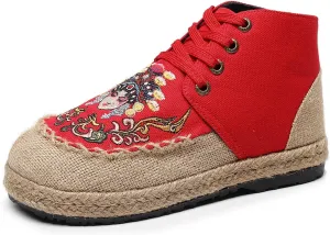 Lace Up Women's Retro Handmade Linen Shoes, Traditional Soft Flat Heel Casual Footwear, Fashion Breathable Flat Shoes,6.5,Red