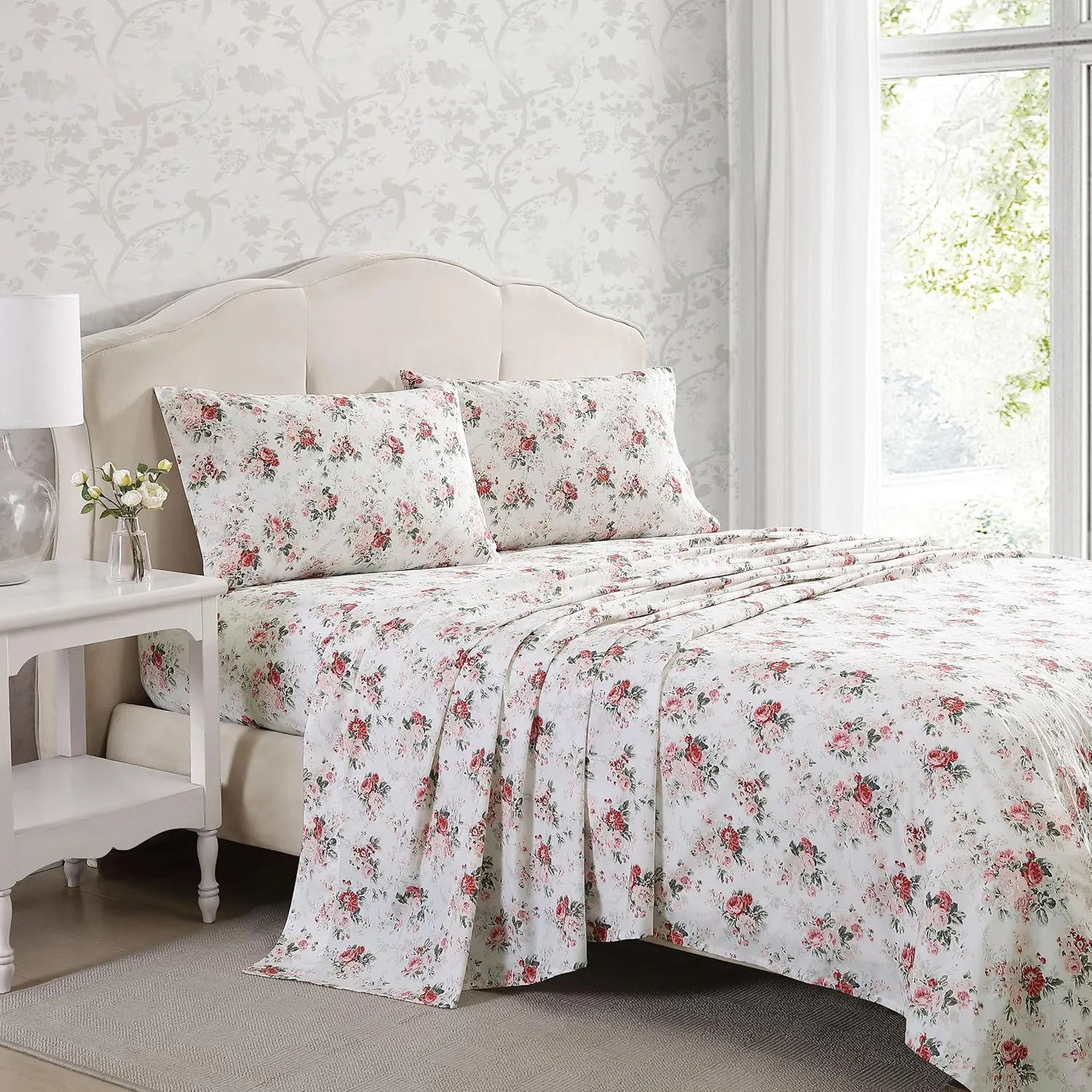 Laura Ashley - King Sheets, Cotton Percale Bedding Set, Lightweight & Breathable Home Decor (Ashfield Pink, King)