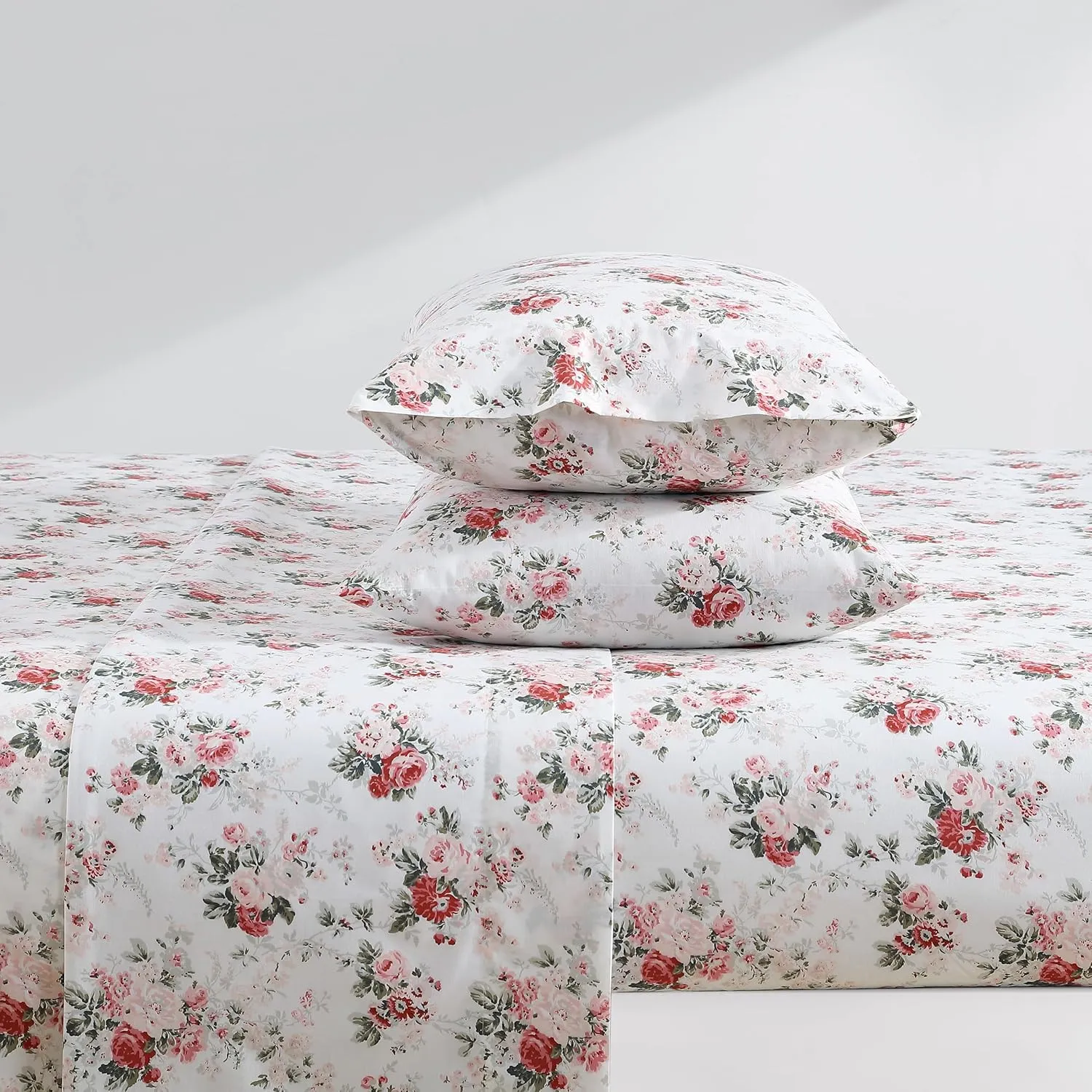 Laura Ashley - King Sheets, Cotton Percale Bedding Set, Lightweight & Breathable Home Decor (Ashfield Pink, King)