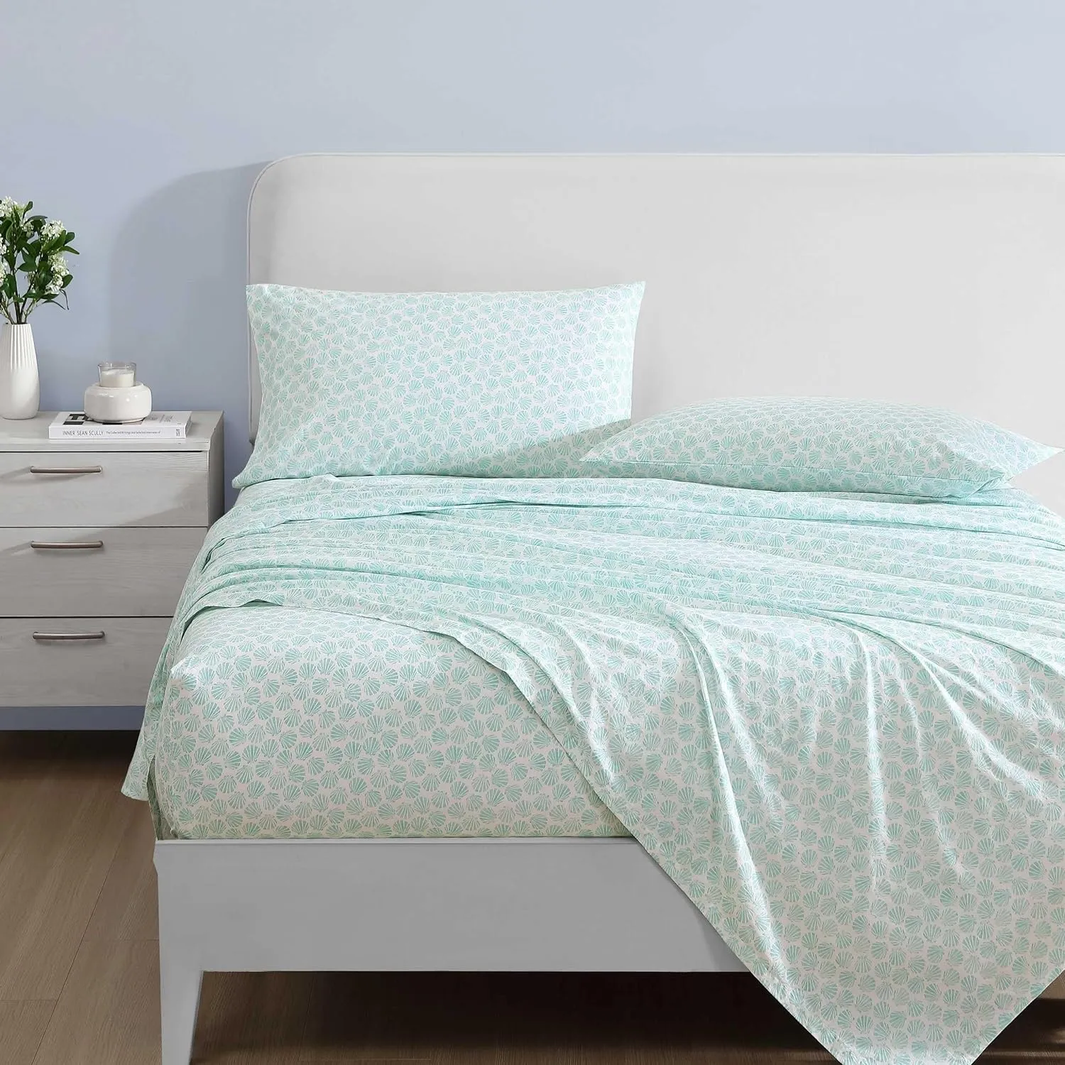 Laura Ashley - King Sheets, Cotton Percale Bedding Set, Lightweight & Breathable Home Decor (Margate Shells Blue, King)