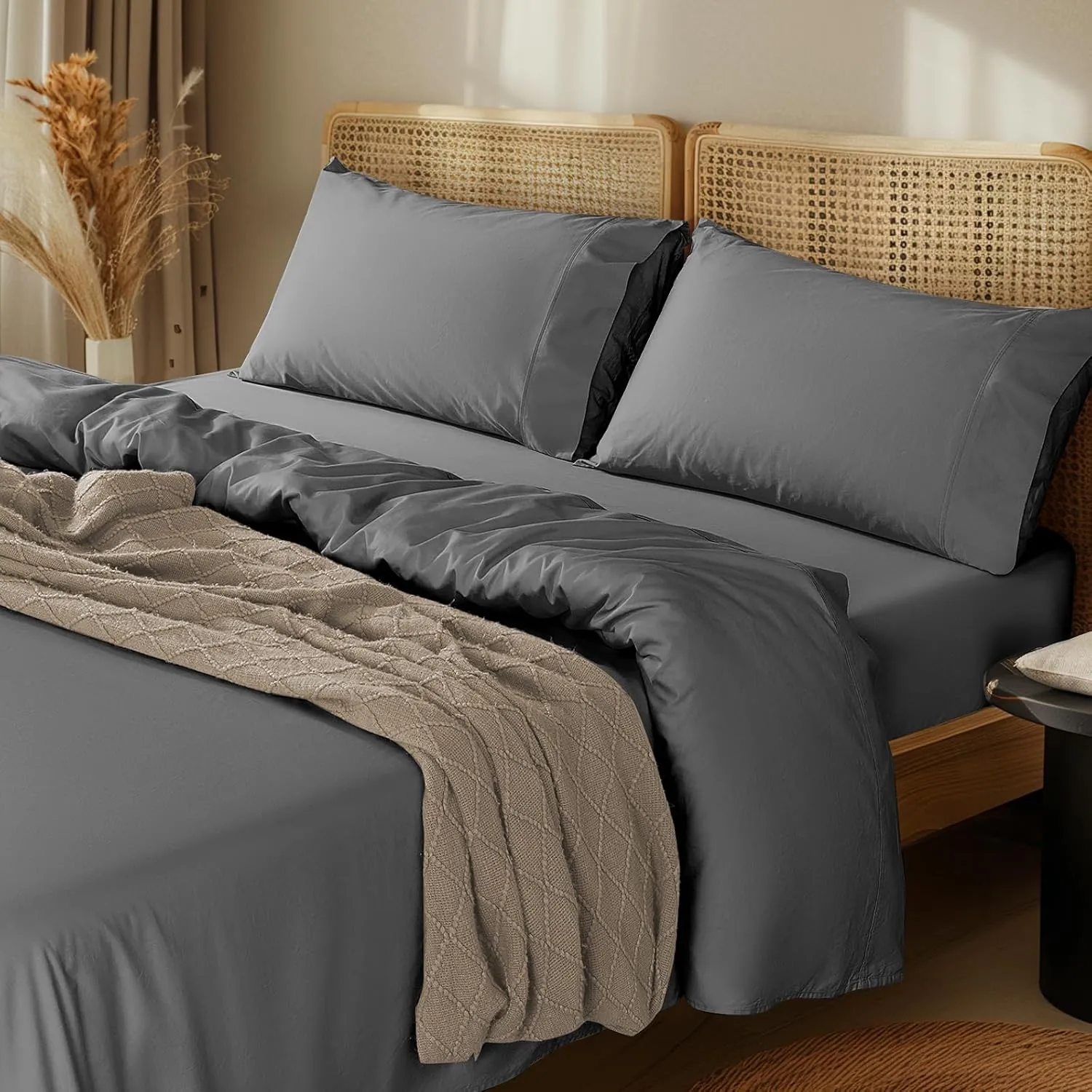 LBRO2M 1000 Thread Count 100% Cotton Sheets Set,King Size Bed Sheet 4 Piece Sets,Long Staple,16 Inches Deep Pocket,All Season,Bedding Super Soft Comforterble Breathable,Sateen(Dark Grey)