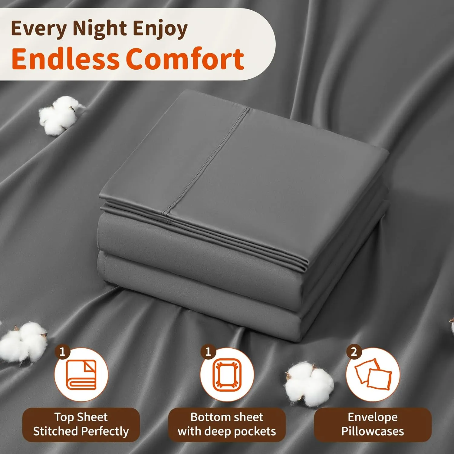 LBRO2M 1000 Thread Count 100% Cotton Sheets Set,King Size Bed Sheet 4 Piece Sets,Long Staple,16 Inches Deep Pocket,All Season,Bedding Super Soft Comforterble Breathable,Sateen(Dark Grey)