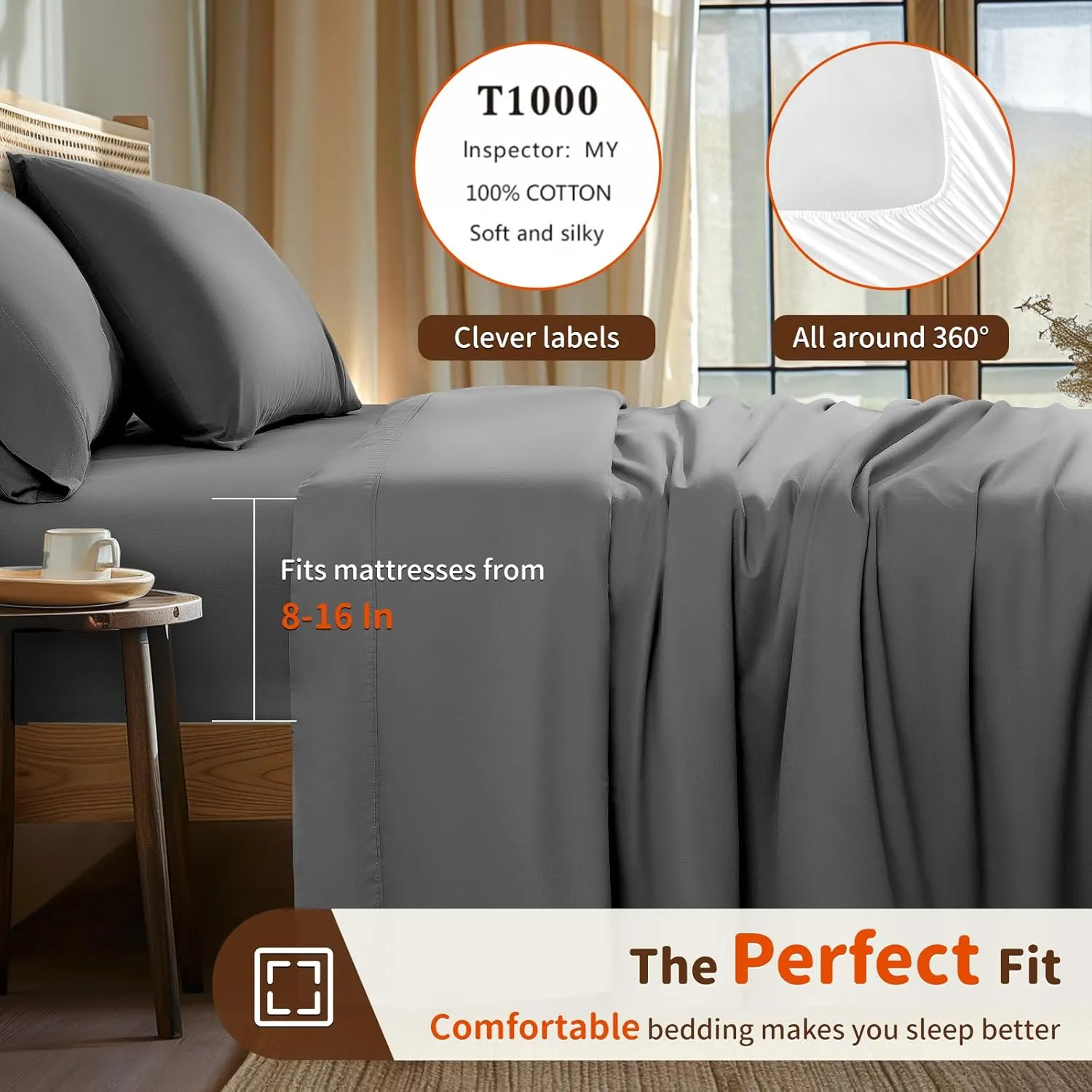 LBRO2M 1000 Thread Count 100% Cotton Sheets Set,King Size Bed Sheet 4 Piece Sets,Long Staple,16 Inches Deep Pocket,All Season,Bedding Super Soft Comforterble Breathable,Sateen(Dark Grey)