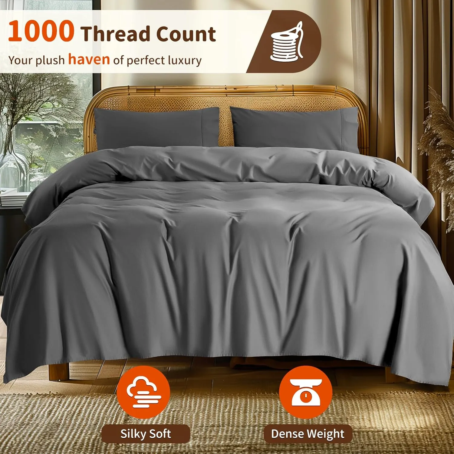 LBRO2M 1000 Thread Count 100% Cotton Sheets Set,King Size Bed Sheet 4 Piece Sets,Long Staple,16 Inches Deep Pocket,All Season,Bedding Super Soft Comforterble Breathable,Sateen(Dark Grey)