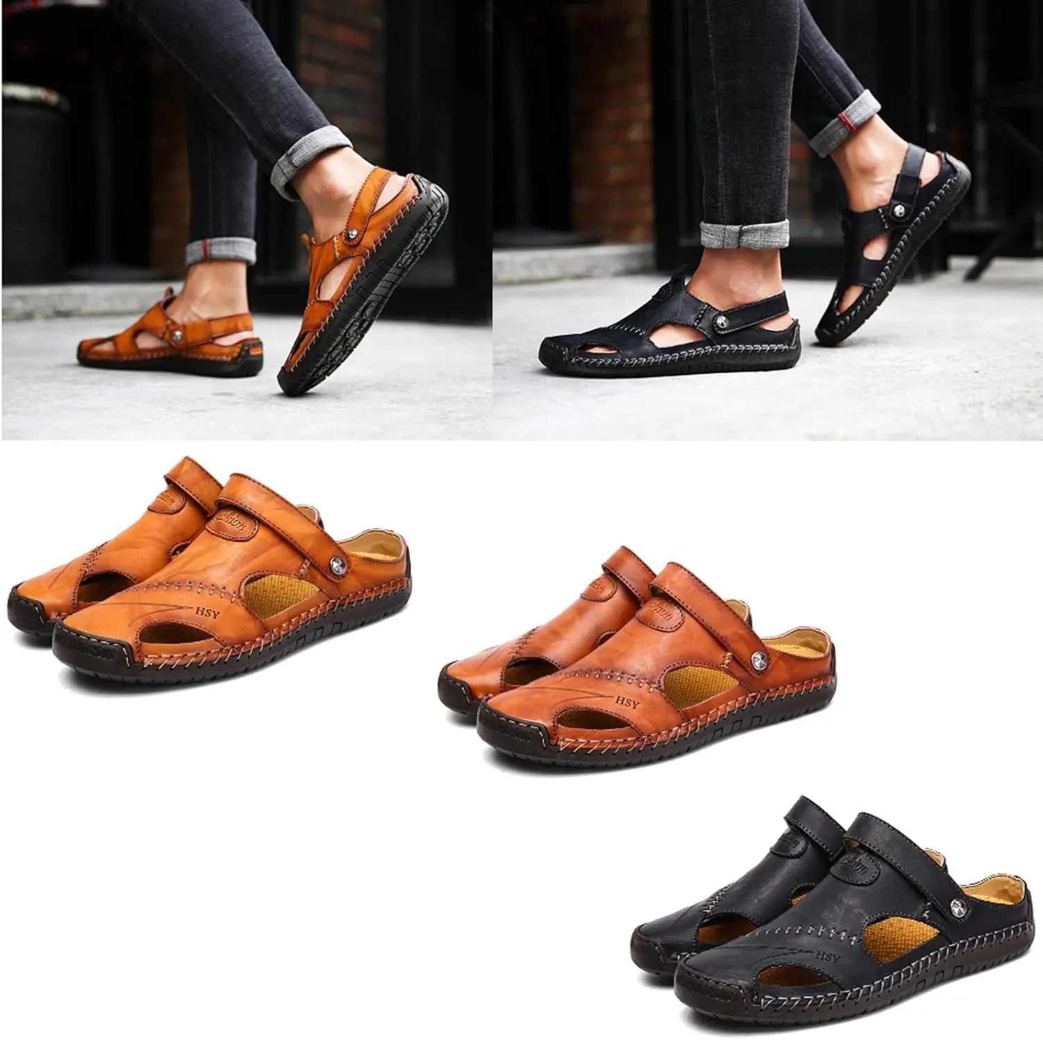 LELEBEAR Mutlon Sandals - Men's Casual Closed Toe Leather Handmade Sandals - Mutlon Leather Classic Sandals Slipper Outdoor
