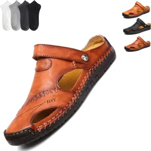 LELEBEAR Mutlon Sandals - Men's Casual Closed Toe Leather Handmade Sandals - Mutlon Leather Classic Sandals Slipper Outdoor