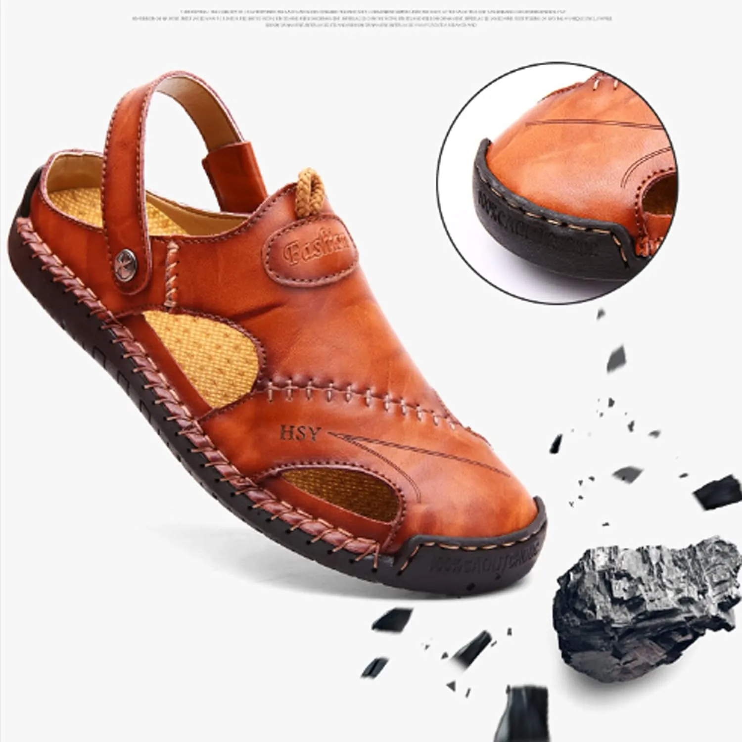 LELEBEAR Mutlon Sandals - Men's Casual Closed Toe Leather Handmade Sandals - Mutlon Leather Classic Sandals Slipper Outdoor