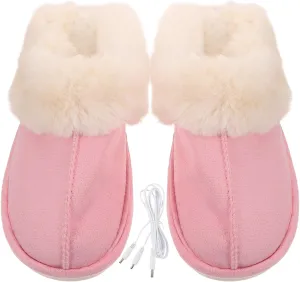 LIFKOME 1 Pair USB Electric Heated Slippers Foot Warmer Under Desk House Rechargeable Heated Slippers Shoes Heating Pad for Women and Men Pink