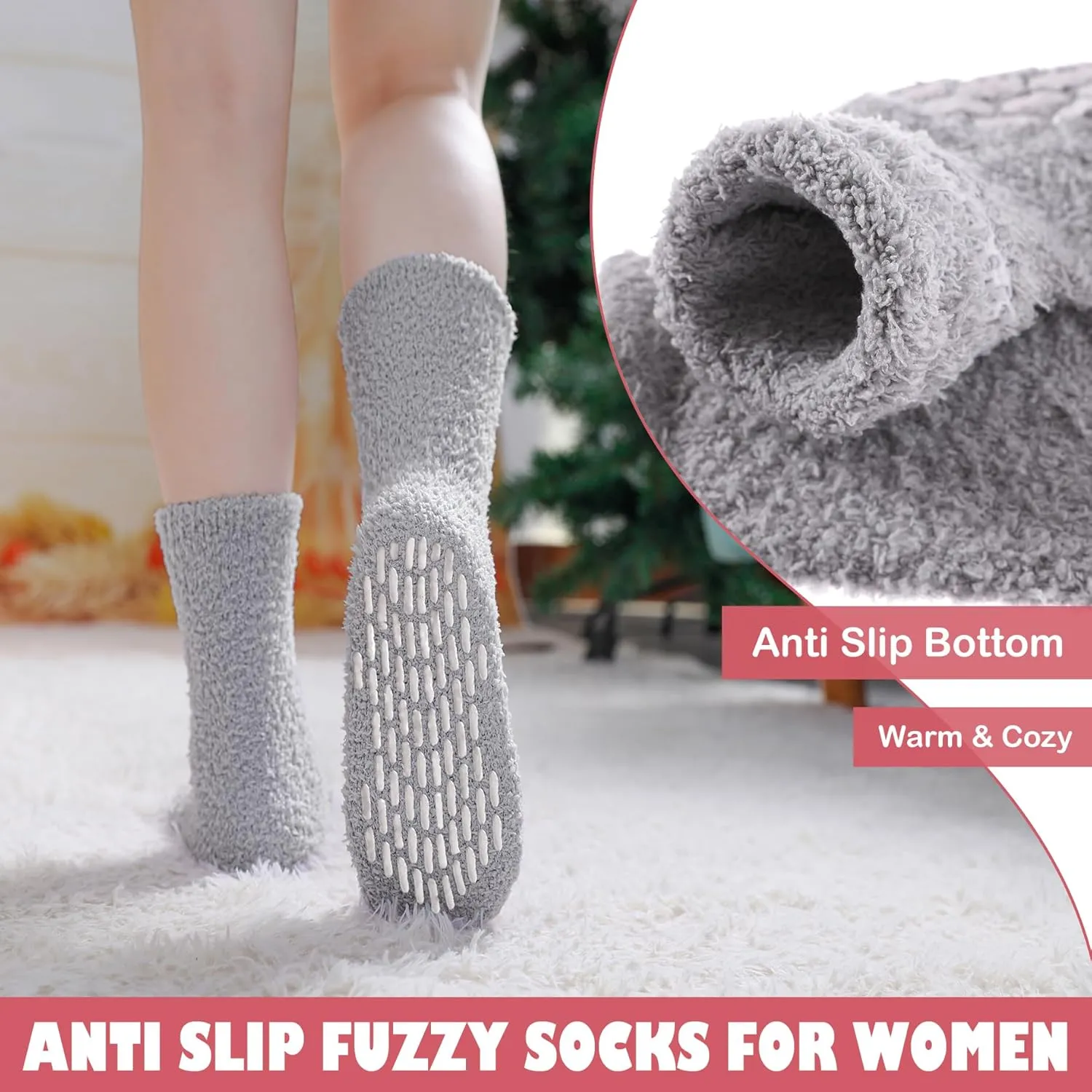 LINEMIN Non-Slip Fuzzy Socks for Women - Cozy Hospital Soft Fluffy Socks With Grips - Winter Warm Slipper