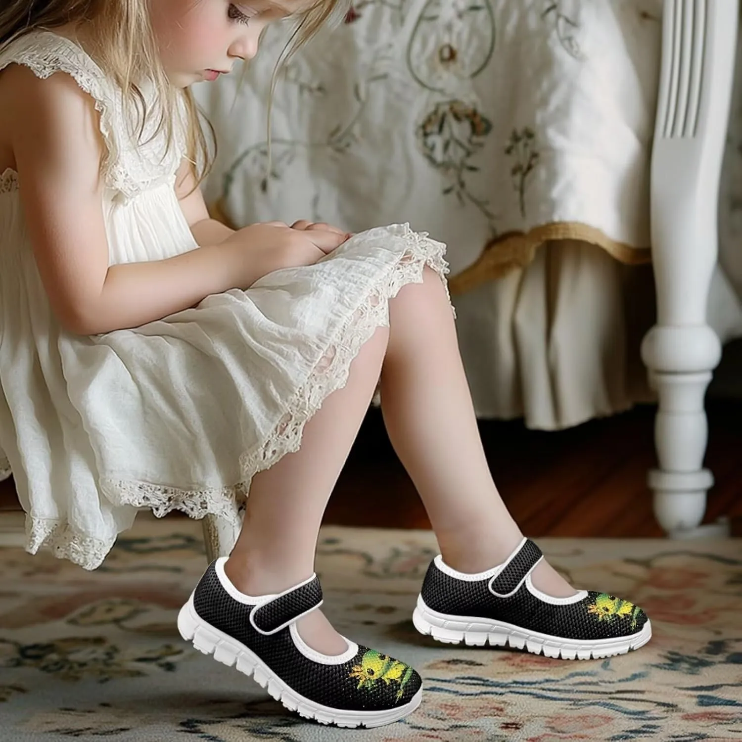 Little Girls Mary Jane Dress Shoes Princess Flats Shoes Mesh Breathable Walking Sneakers for School,Wedding Party