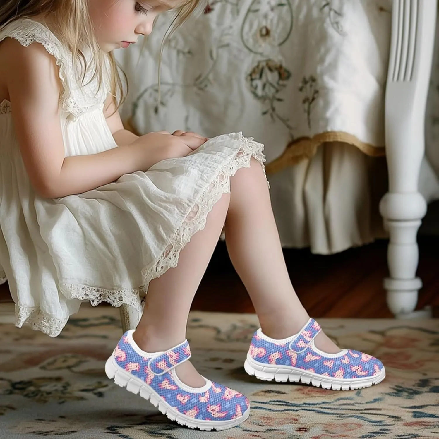 Little Girls Mary Jane Dress Shoes Princess Flats Shoes Mesh Breathable Walking Sneakers for School,Wedding Party