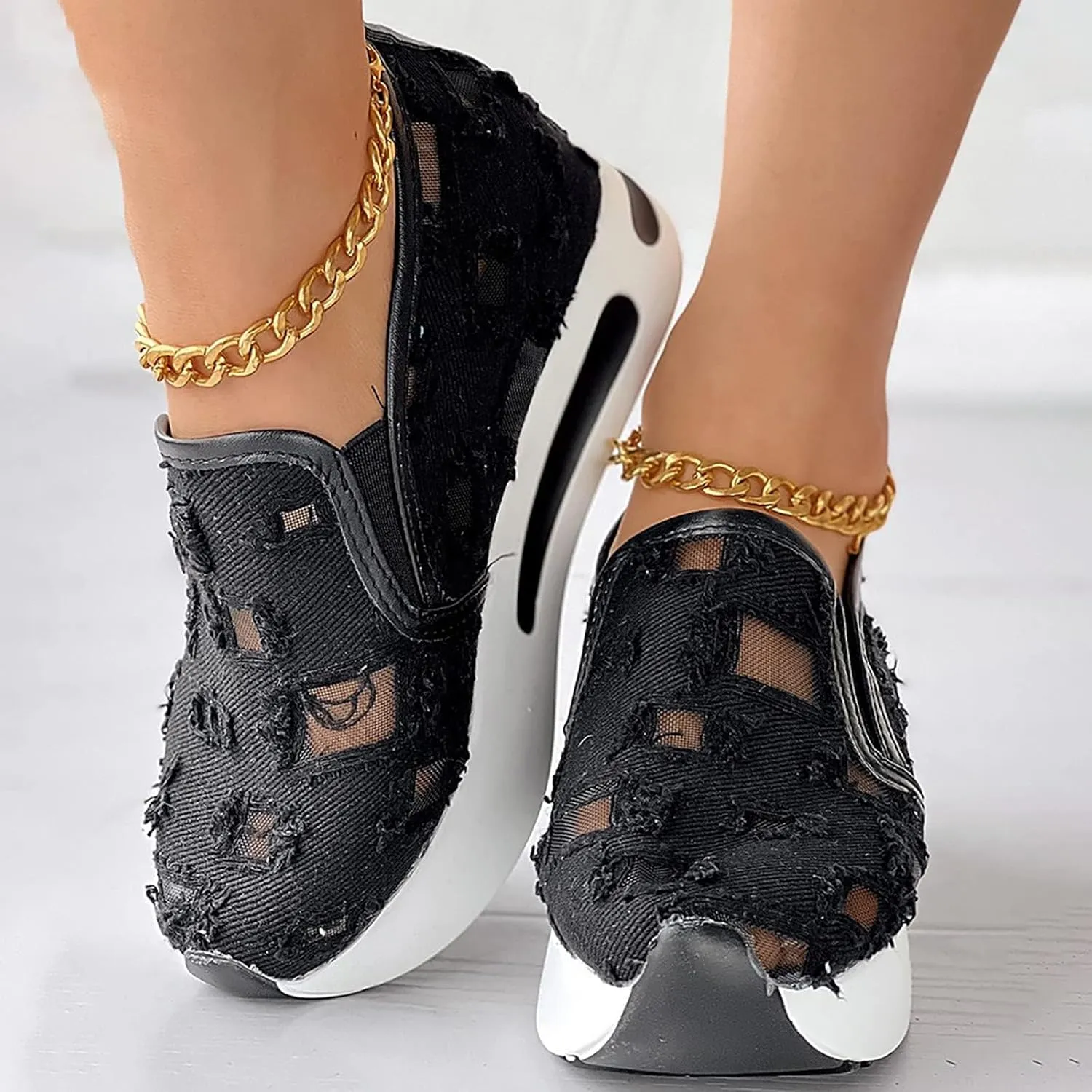 Loafers for Women Platform Wedge Sneakers Floral Embroidery Breathable Mesh Sneakers Lightweight Breathable Slip On Softsole Walking Shoes