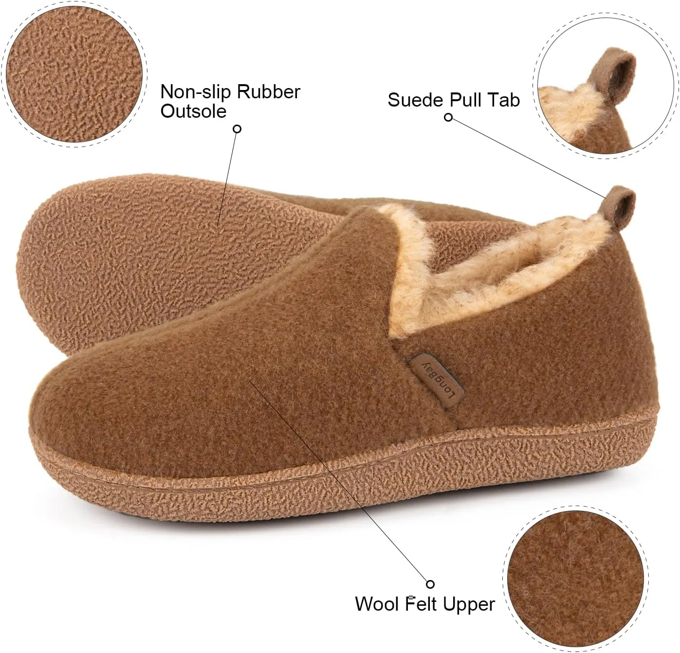 LongBay Women's Felt Bootie Slippers Warm Cozy Memory Foam Slipper Boots with Polar Fleece Lining Non Slip House Shoes Indoor Outdoor
