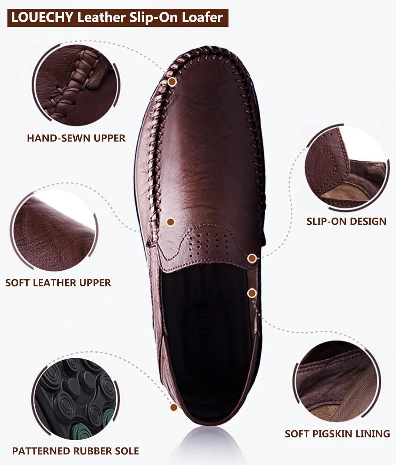 LOUECHY Men's Leather Slip-On Loafer Lightweight Driving Shoes Casual Moccasin Slipper