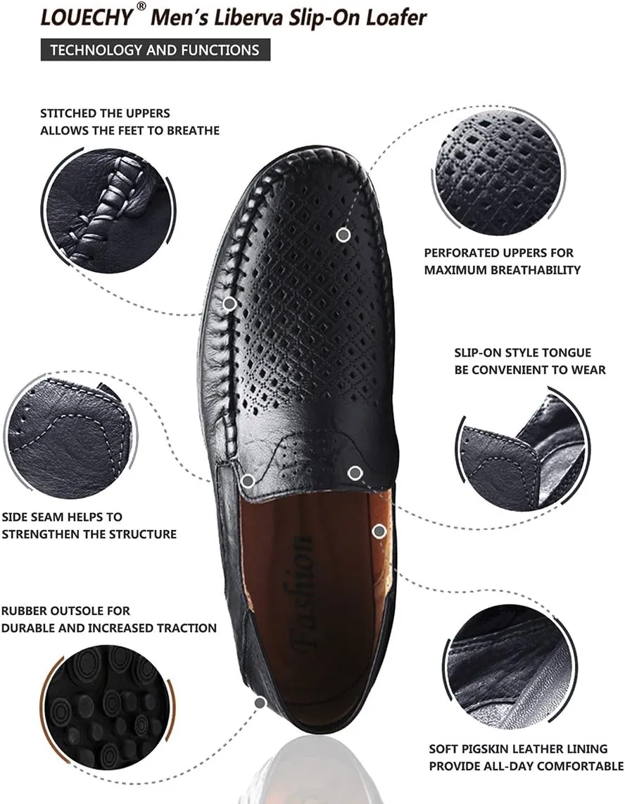 LOUECHY Men's Leather Slip-On Loafer Lightweight Driving Shoes Casual Moccasin Slipper