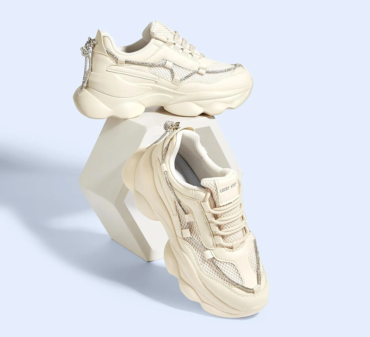 LUCKY STEP Women's 90s Chunky Sneakers Sparkly Bling Rhinestone Rope Platform Casual Thick Dad Rave Walking Shoes