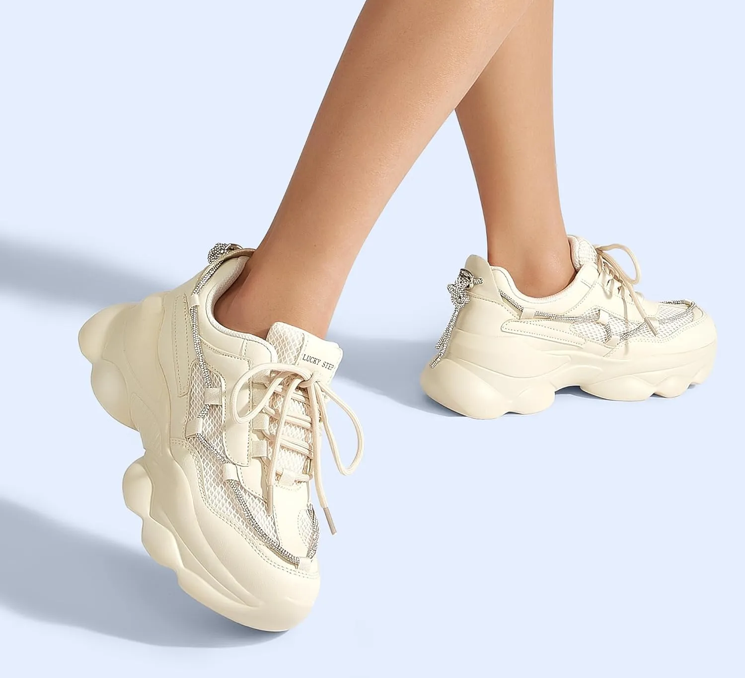 LUCKY STEP Women's 90s Chunky Sneakers Sparkly Bling Rhinestone Rope Platform Casual Thick Dad Rave Walking Shoes