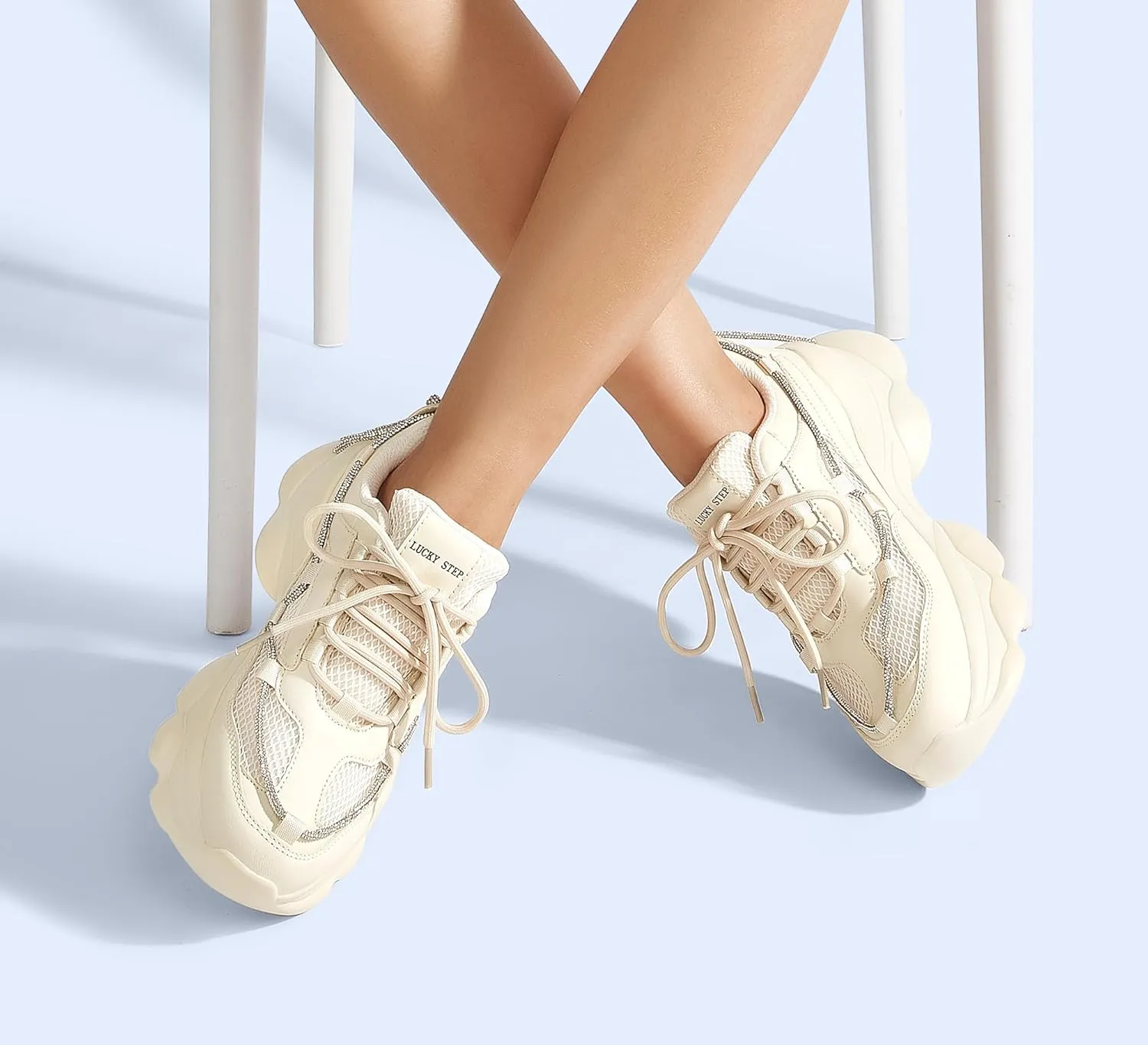 LUCKY STEP Women's 90s Chunky Sneakers Sparkly Bling Rhinestone Rope Platform Casual Thick Dad Rave Walking Shoes