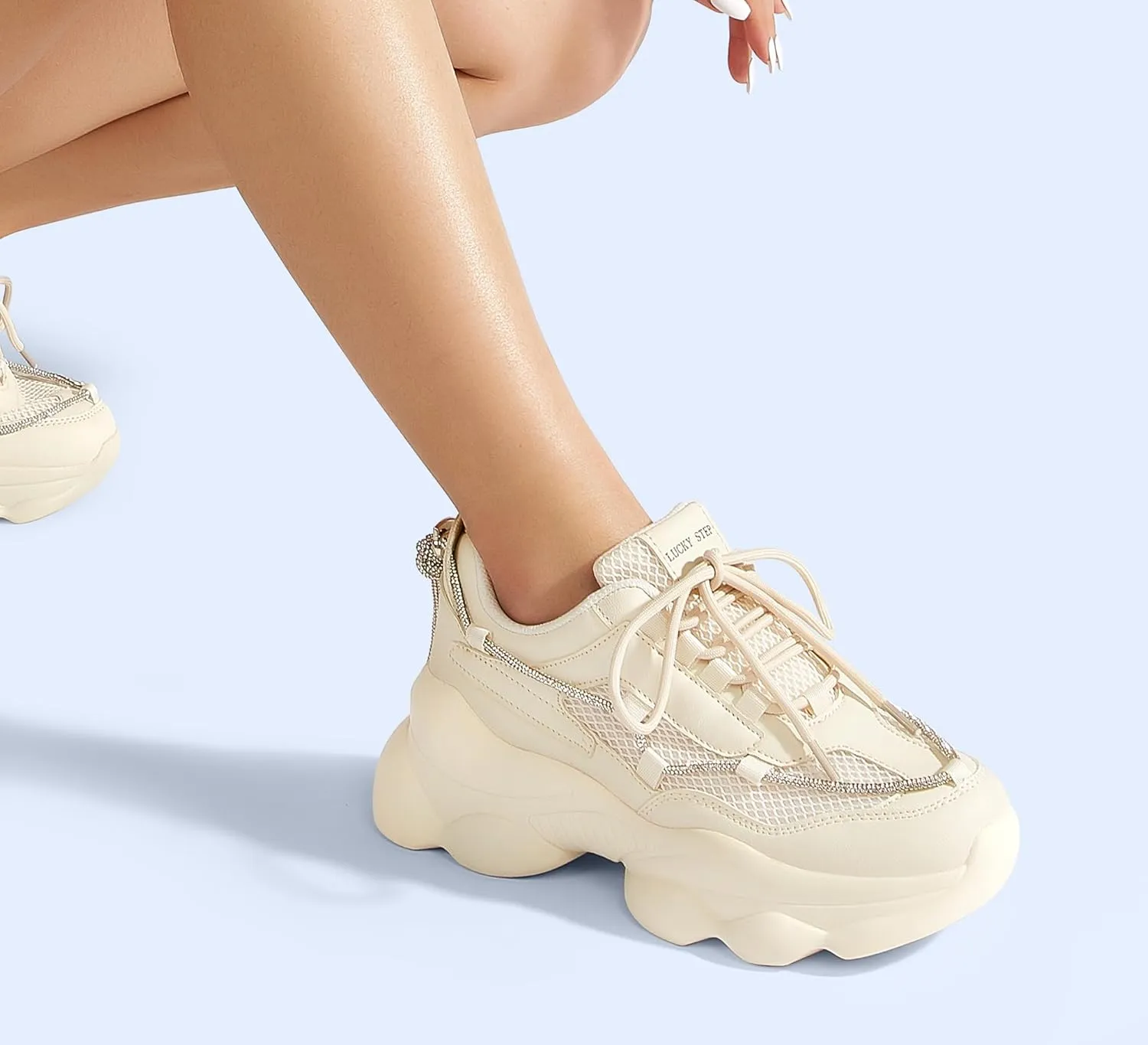 LUCKY STEP Women's 90s Chunky Sneakers Sparkly Bling Rhinestone Rope Platform Casual Thick Dad Rave Walking Shoes