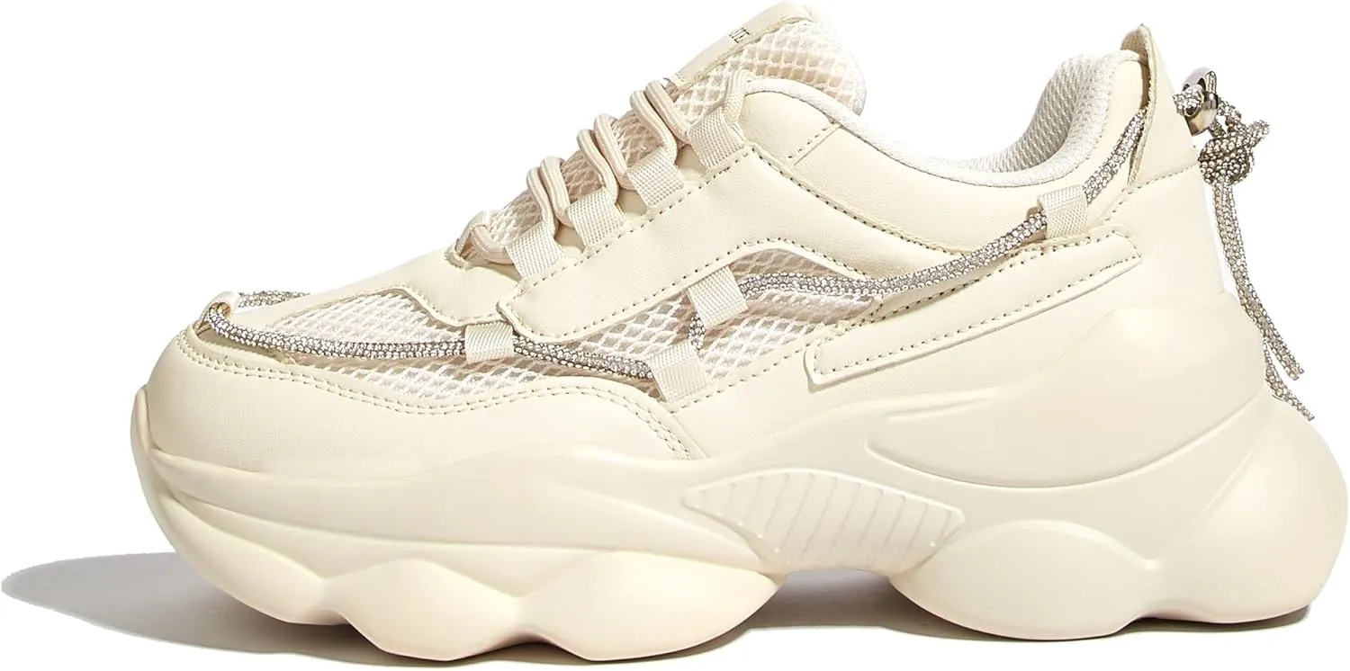 LUCKY STEP Women's 90s Chunky Sneakers Sparkly Bling Rhinestone Rope Platform Casual Thick Dad Rave Walking Shoes