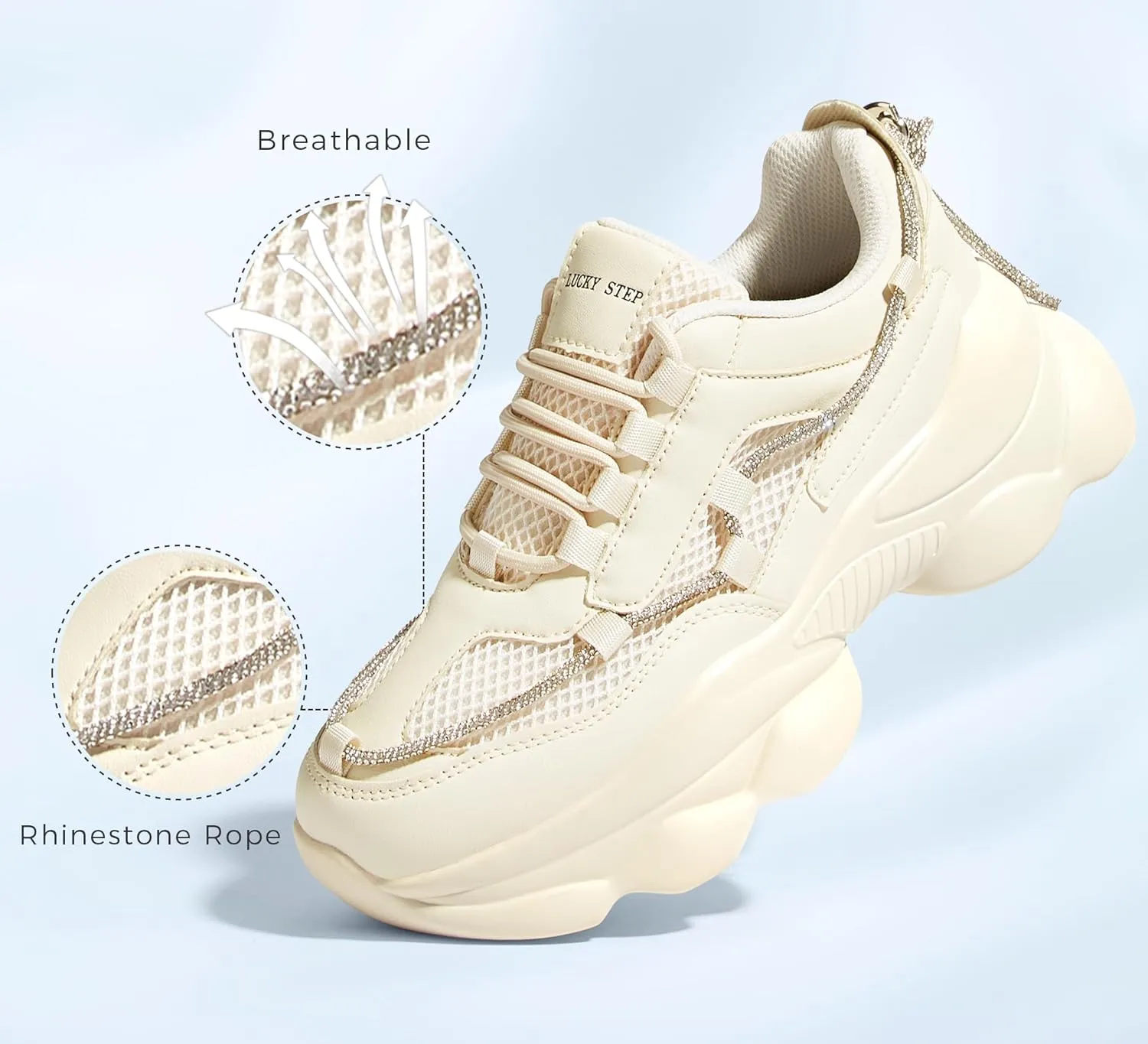LUCKY STEP Women's 90s Chunky Sneakers Sparkly Bling Rhinestone Rope Platform Casual Thick Dad Rave Walking Shoes