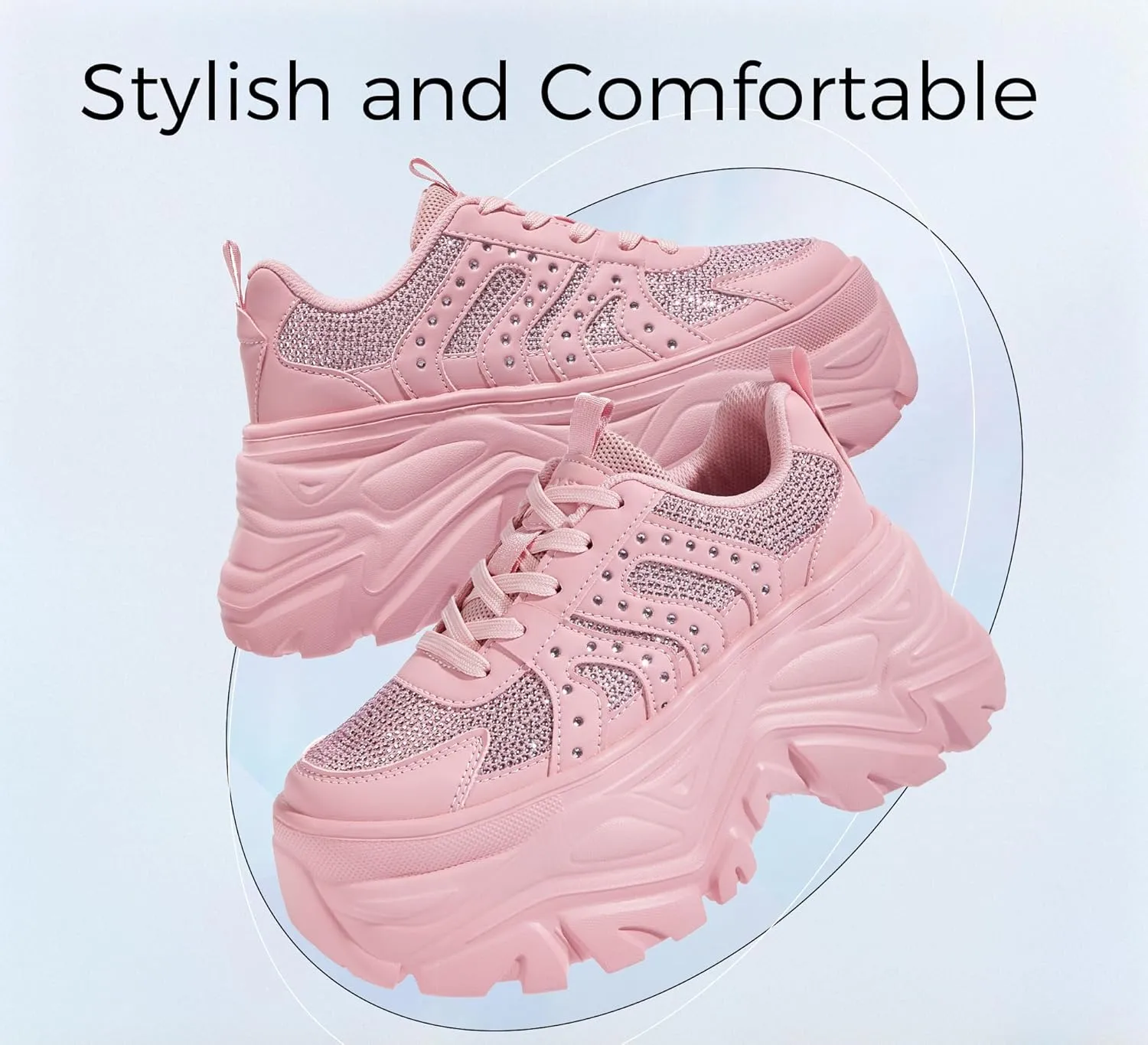LUCKY STEP Women's Rhinestone Chunky Sneakers Breathable Lace-Up Platform Walking Sneakers Fashion Casual Dad Shoes