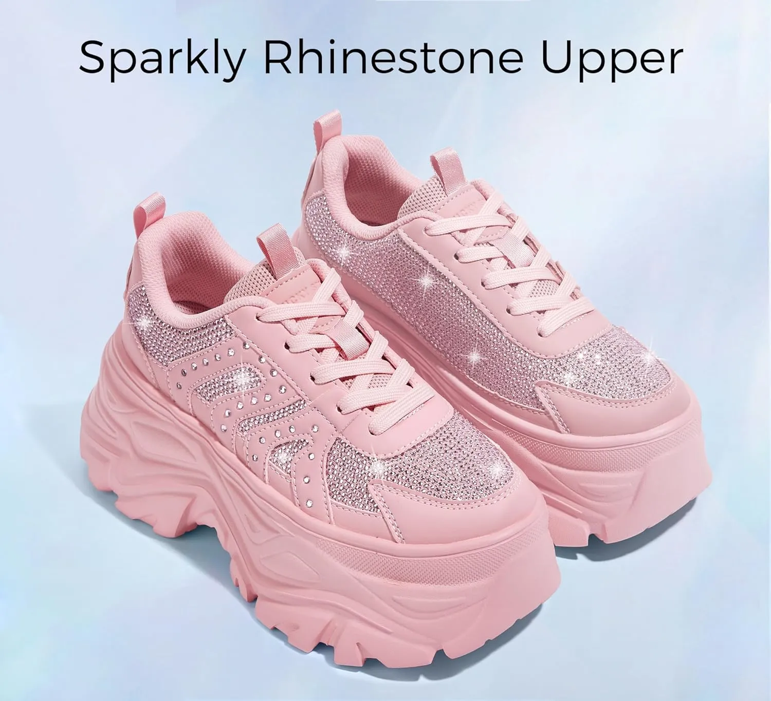 LUCKY STEP Women's Rhinestone Chunky Sneakers Breathable Lace-Up Platform Walking Sneakers Fashion Casual Dad Shoes
