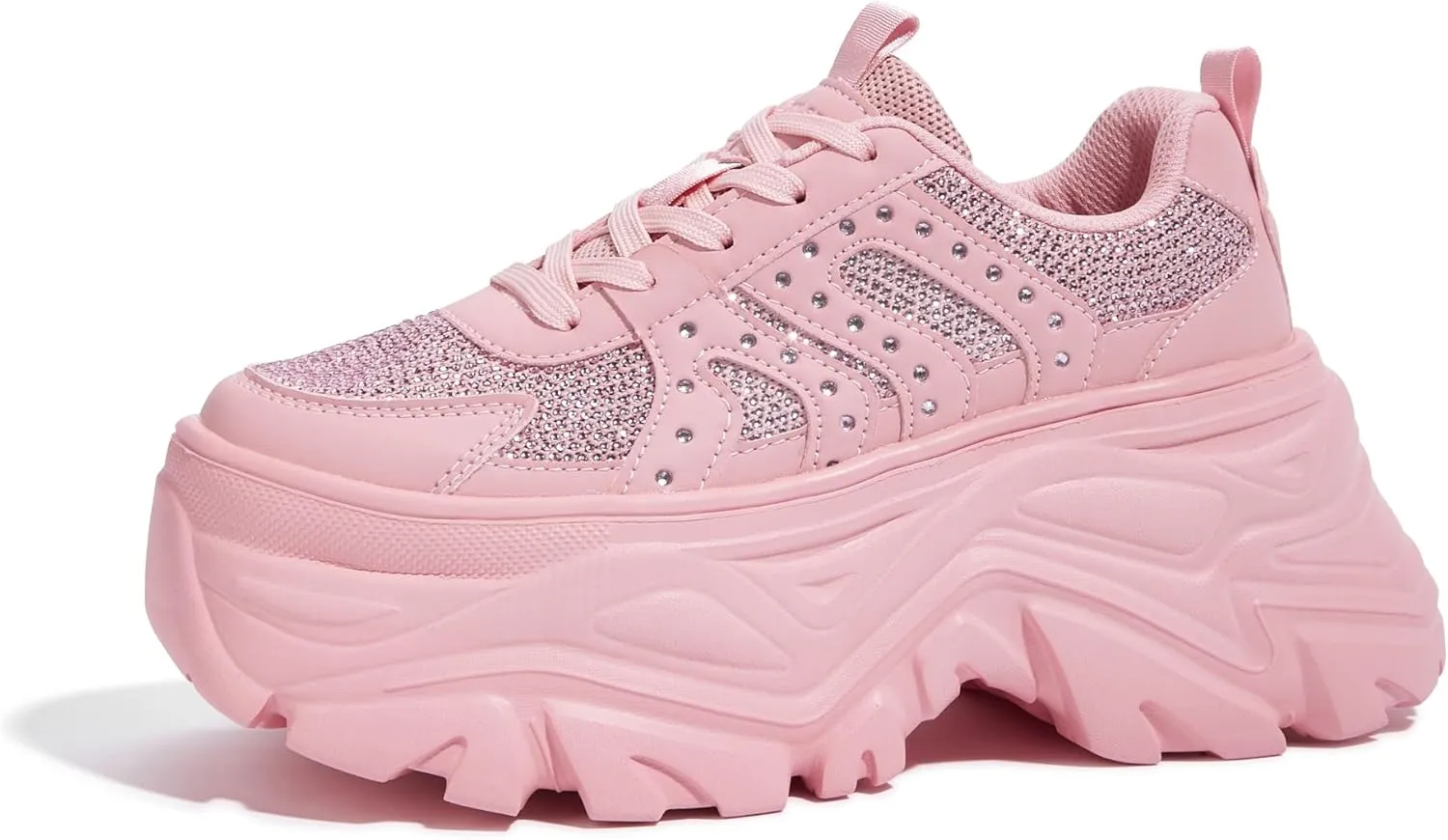 LUCKY STEP Women's Rhinestone Chunky Sneakers Breathable Lace-Up Platform Walking Sneakers Fashion Casual Dad Shoes