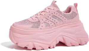 LUCKY STEP Women's Rhinestone Chunky Sneakers Breathable Lace-Up Platform Walking Sneakers Fashion Casual Dad Shoes