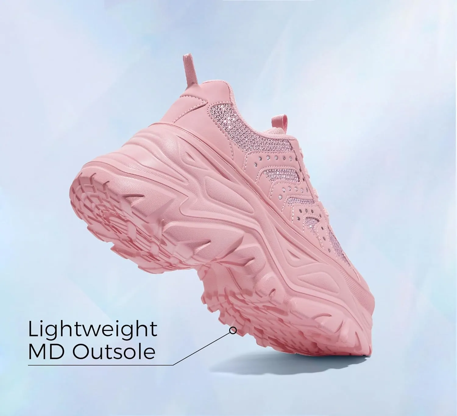 LUCKY STEP Women's Rhinestone Chunky Sneakers Breathable Lace-Up Platform Walking Sneakers Fashion Casual Dad Shoes