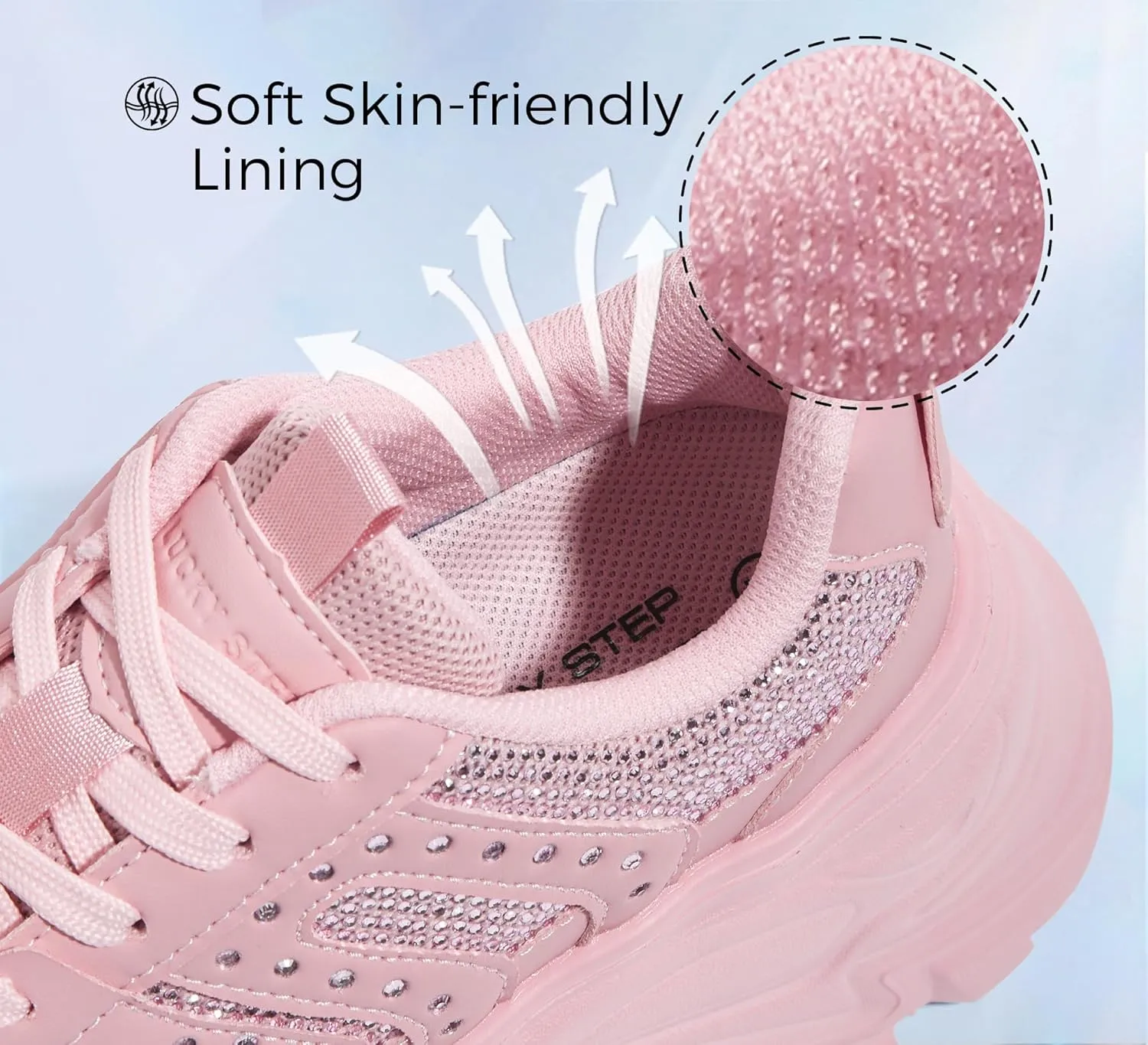 LUCKY STEP Women's Rhinestone Chunky Sneakers Breathable Lace-Up Platform Walking Sneakers Fashion Casual Dad Shoes