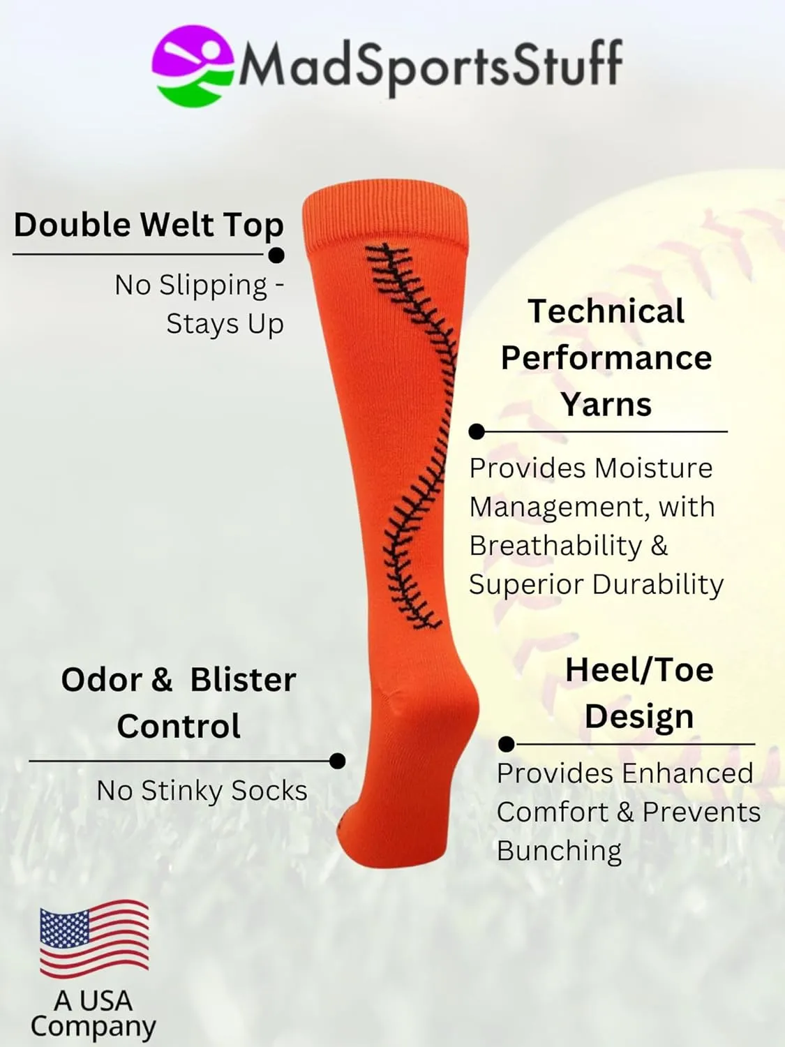 MadSportsStuff Softball Socks with Stitches for Girls and Women Youth and Adult Sizes in Over the Calf Length Kids