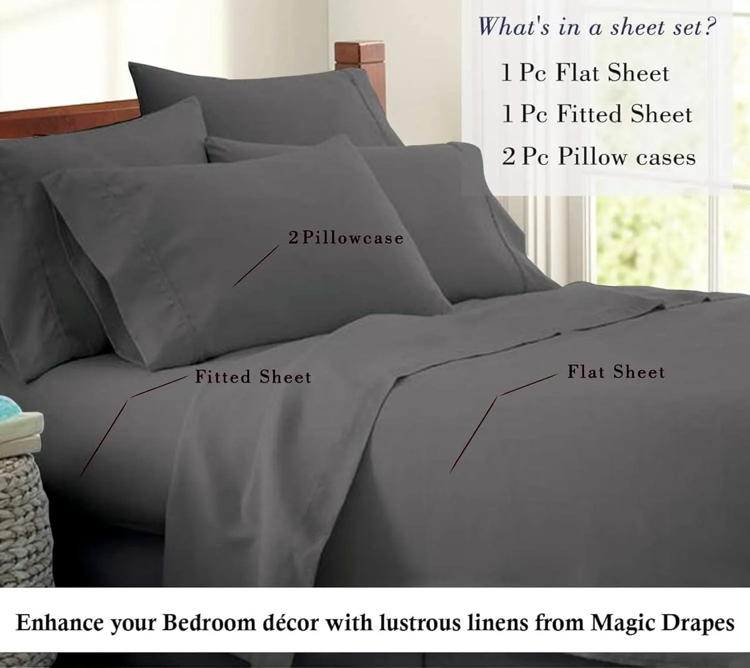 Magic Drapes 4 Piece Sheet Set 100% Egyptian Cotton 800 Thread Count Premium Sateen Finish Bedding 16 Inch Deep Pocket Includes 1 Flat Sheet 1 Fitted Sheet 2 Pillow Case (Elephant Grey, King)