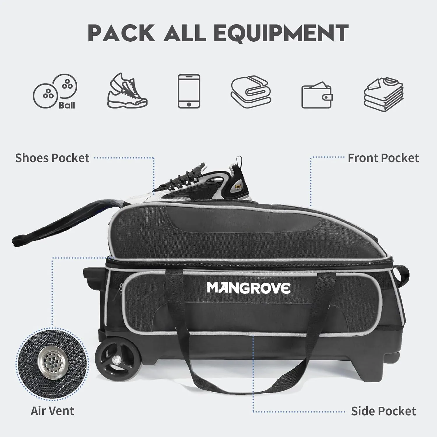 Mangrove 3 Ball Bowling Bag with Wheels & Shoe Compartment, Deluxe Bowling Ball Bag 3 Ball Roller, Rolling Triple-Ball Bag w/Accessory Pocket & Retractable Handle Extends to 40''