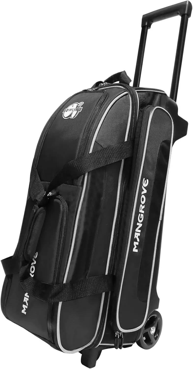 Mangrove 3 Ball Bowling Bag with Wheels & Shoe Compartment, Deluxe Bowling Ball Bag 3 Ball Roller, Rolling Triple-Ball Bag w/Accessory Pocket & Retractable Handle Extends to 40''
