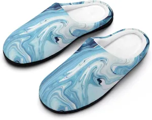 Marble Art Painting Blue Powder Cotton Slippers with Non Slip Rubber Soles Winter House Shoes Washable for Indoor Outdoor