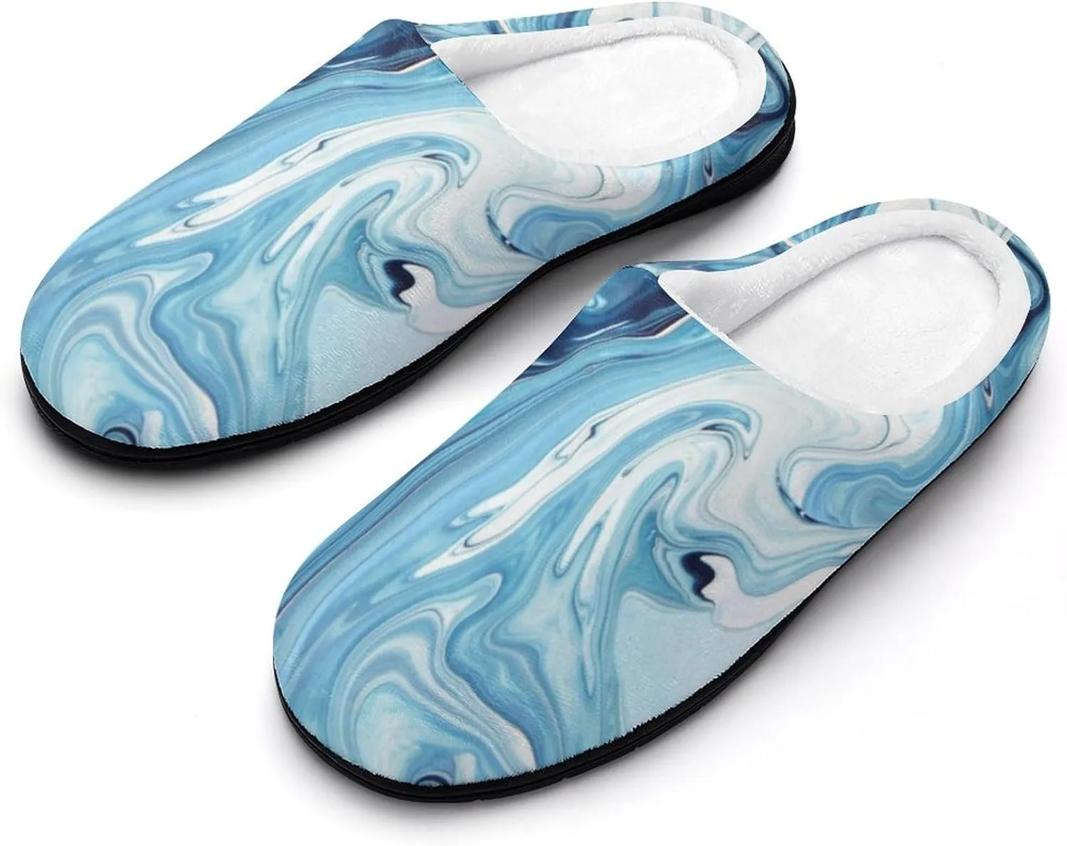 Marble Art Painting Blue Powder Cotton Slippers with Non Slip Rubber Soles Winter House Shoes Washable for Indoor Outdoor