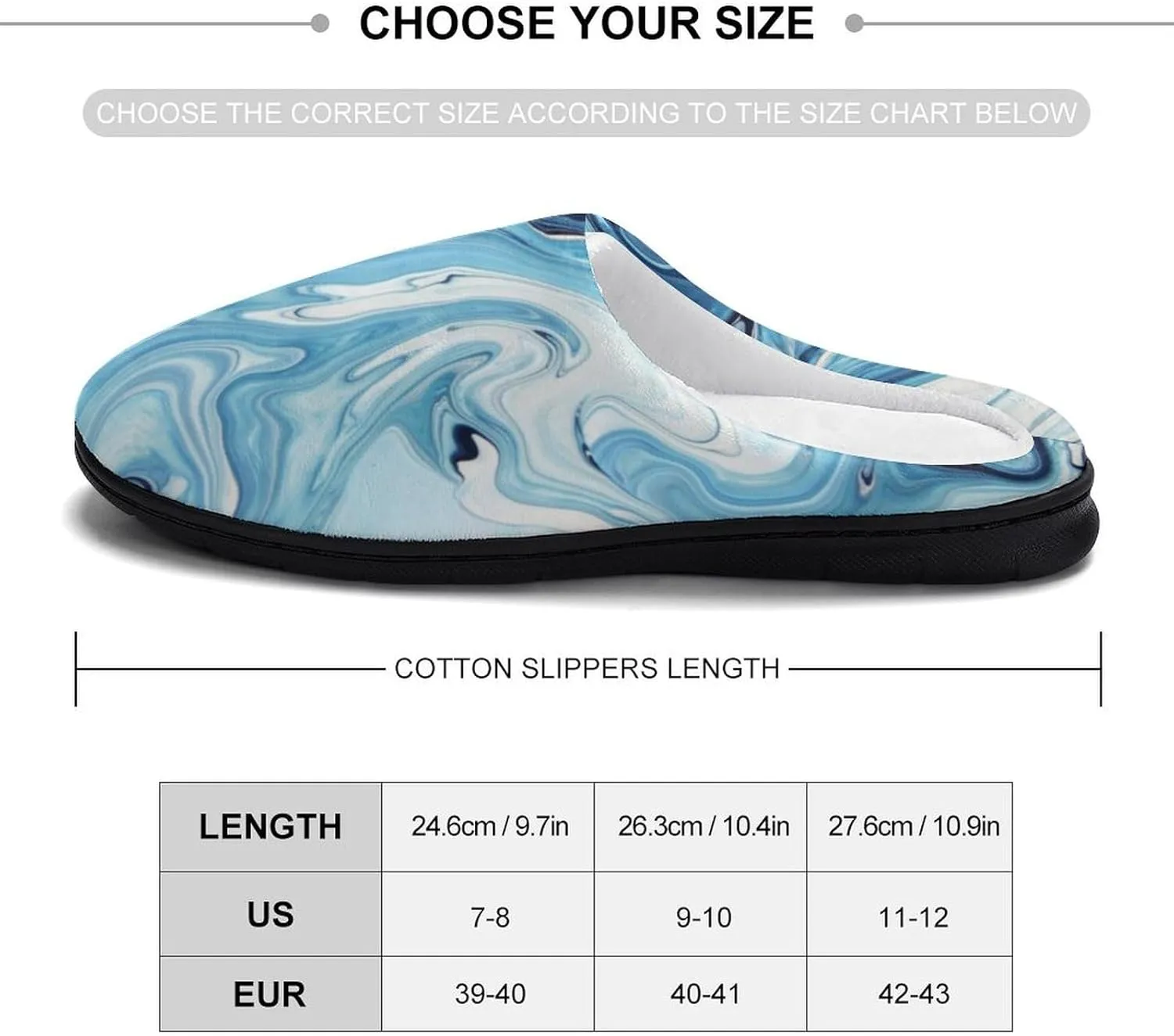 Marble Art Painting Blue Powder Cotton Slippers with Non Slip Rubber Soles Winter House Shoes Washable for Indoor Outdoor