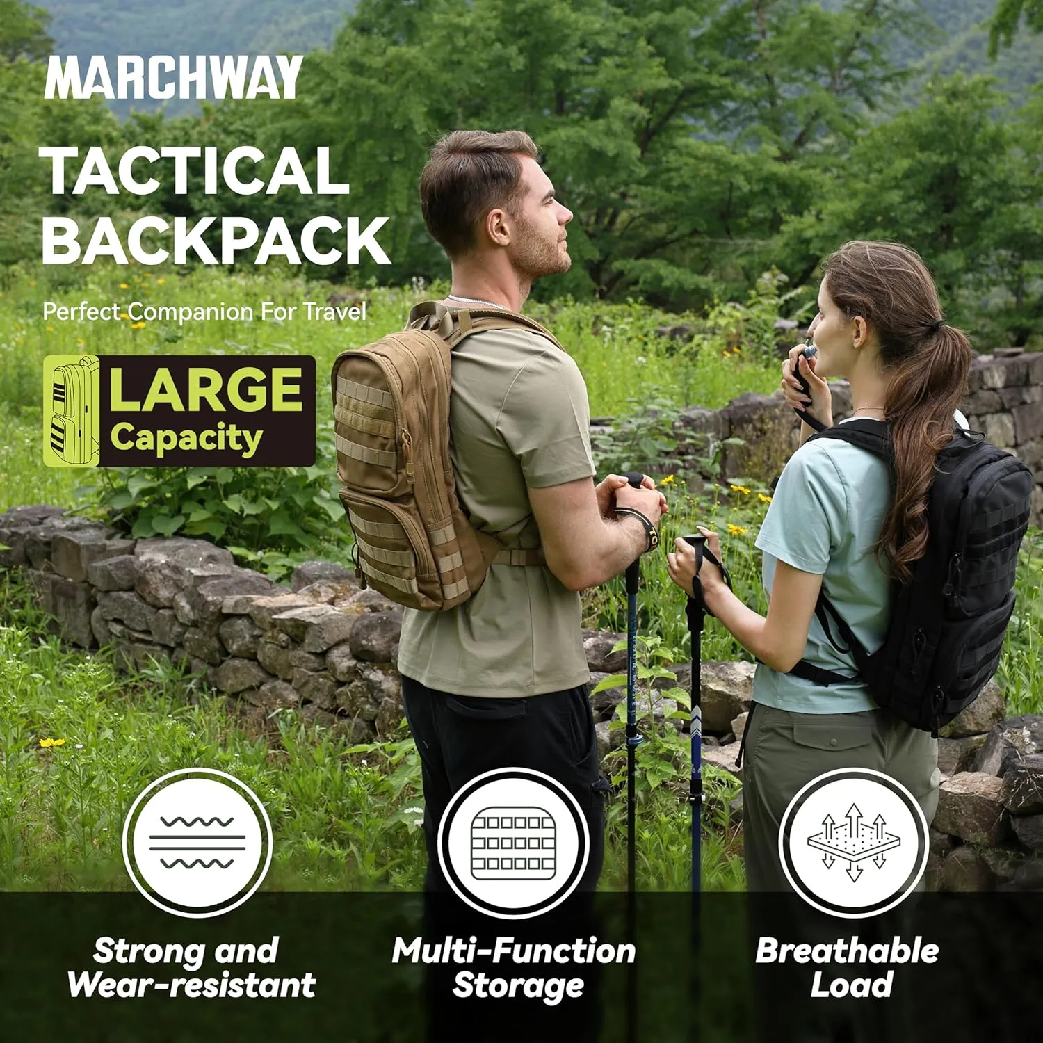 MARCHWAY Tactical Molle Hydration Pack with 3L TPU Water Bladder, Military Backpack for Backpacking, Hiking, Running, Cycling