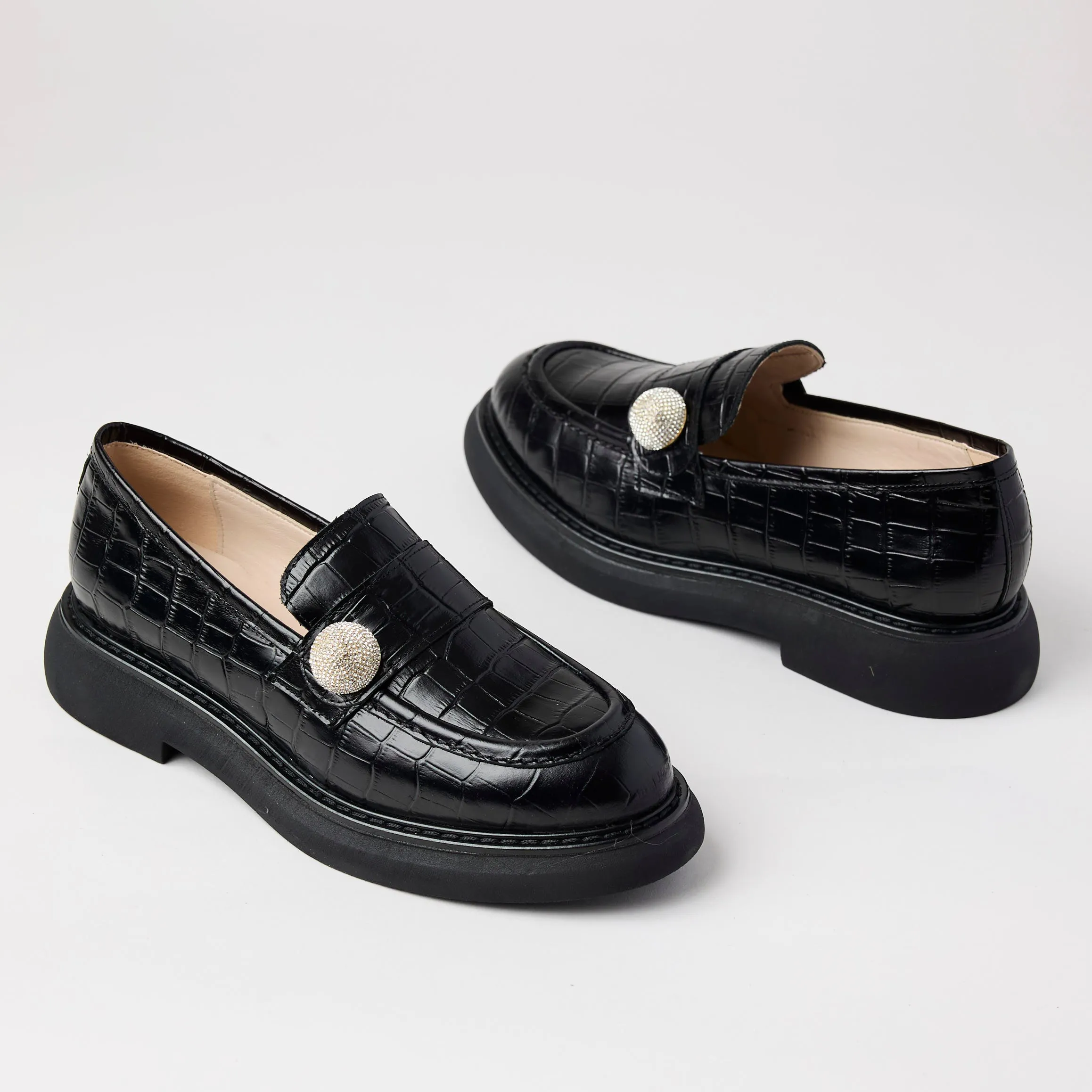 Marian Black Croc Style Leather Loafers