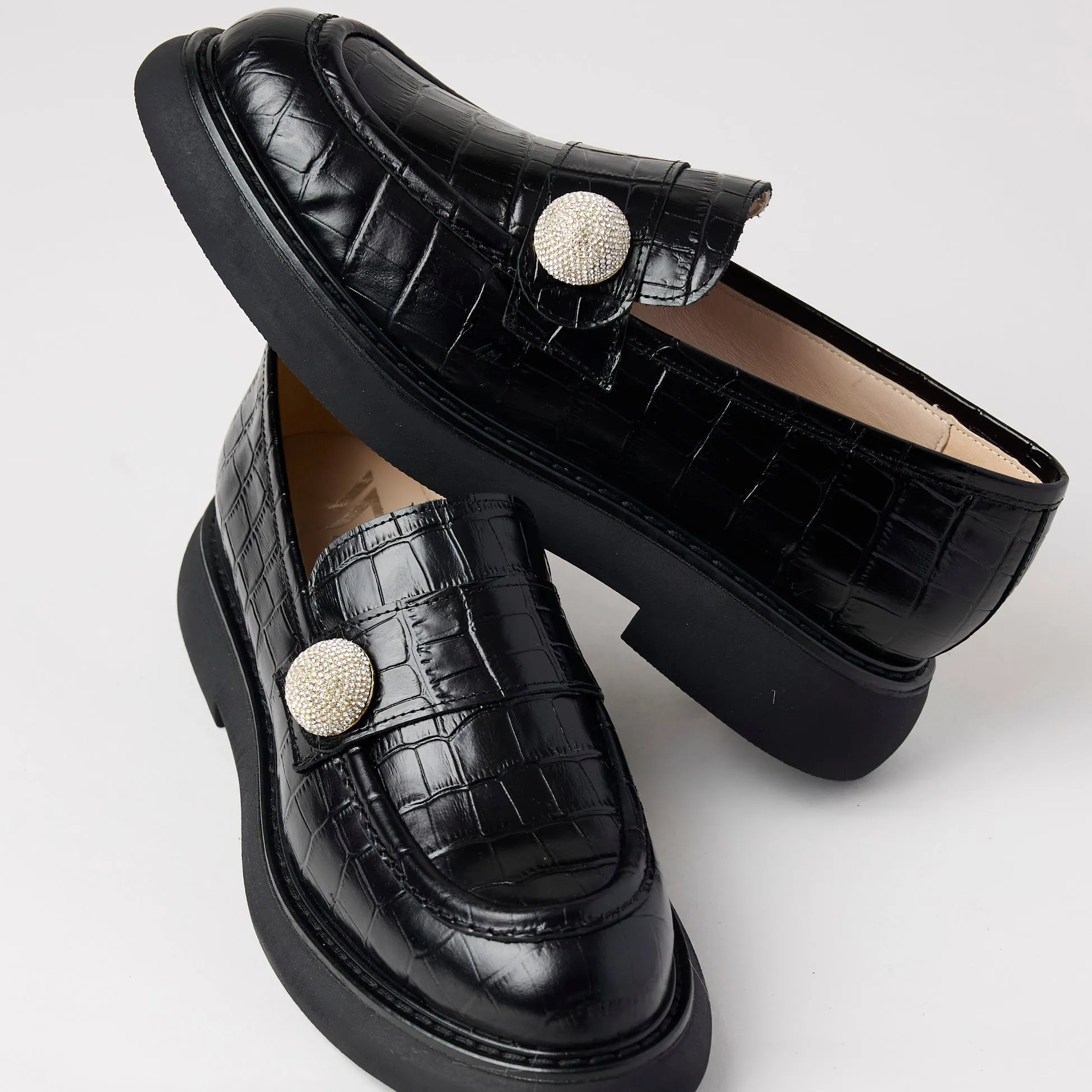 Marian Black Croc Style Leather Loafers