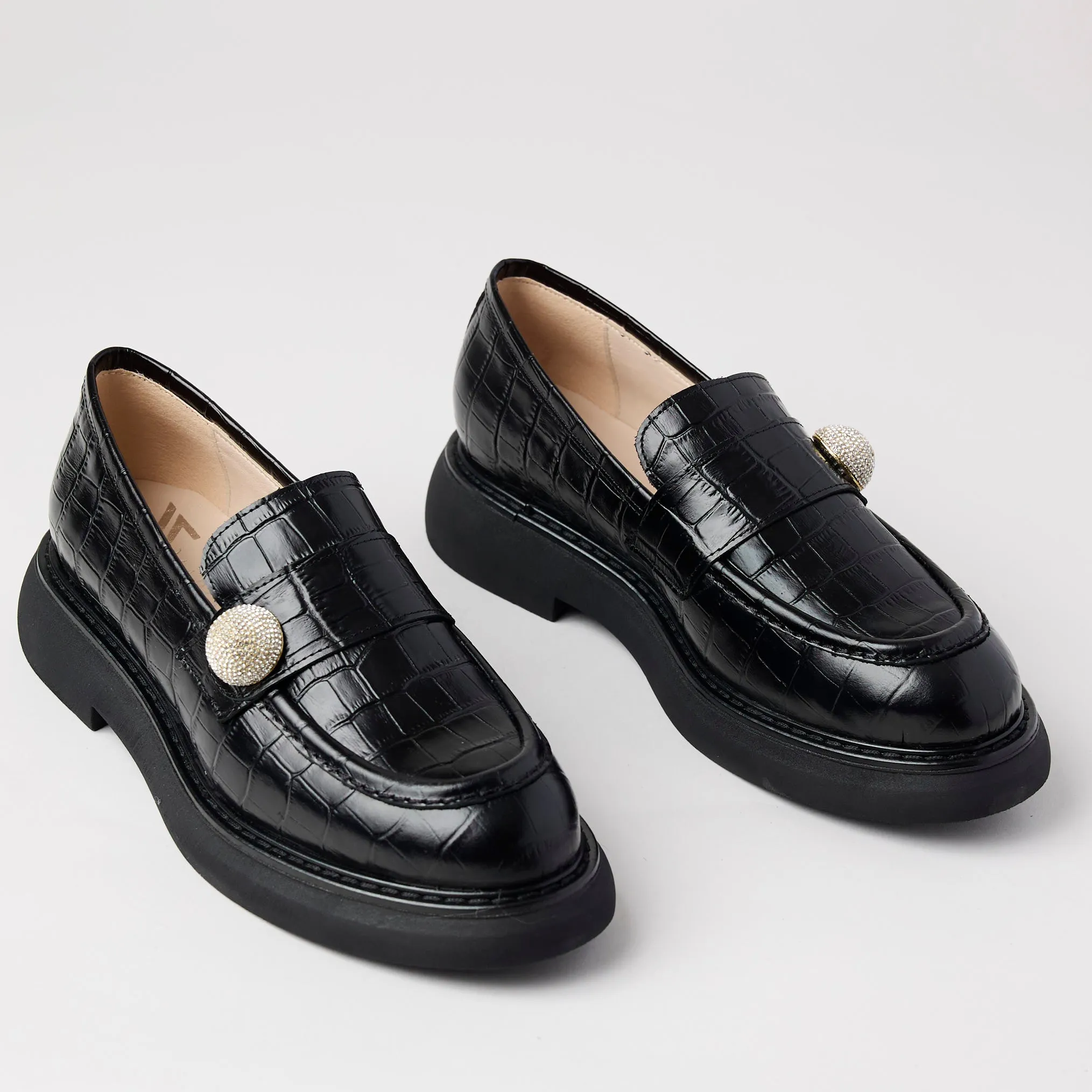 Marian Black Croc Style Leather Loafers