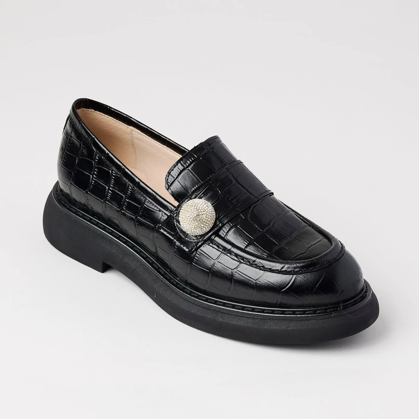Marian Black Croc Style Leather Loafers