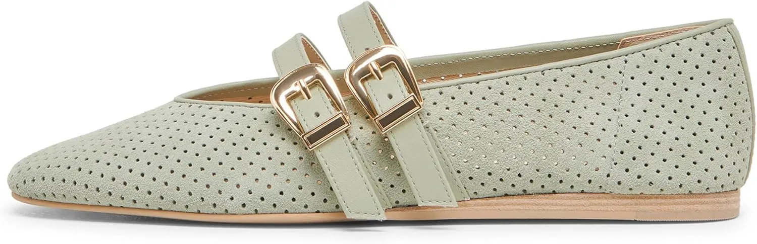 Mary Jane Flats for Women Woven Raffia Round Toe Ballet Flat Comfortable Walking Ballerina Shoes with Double Buckle Strap