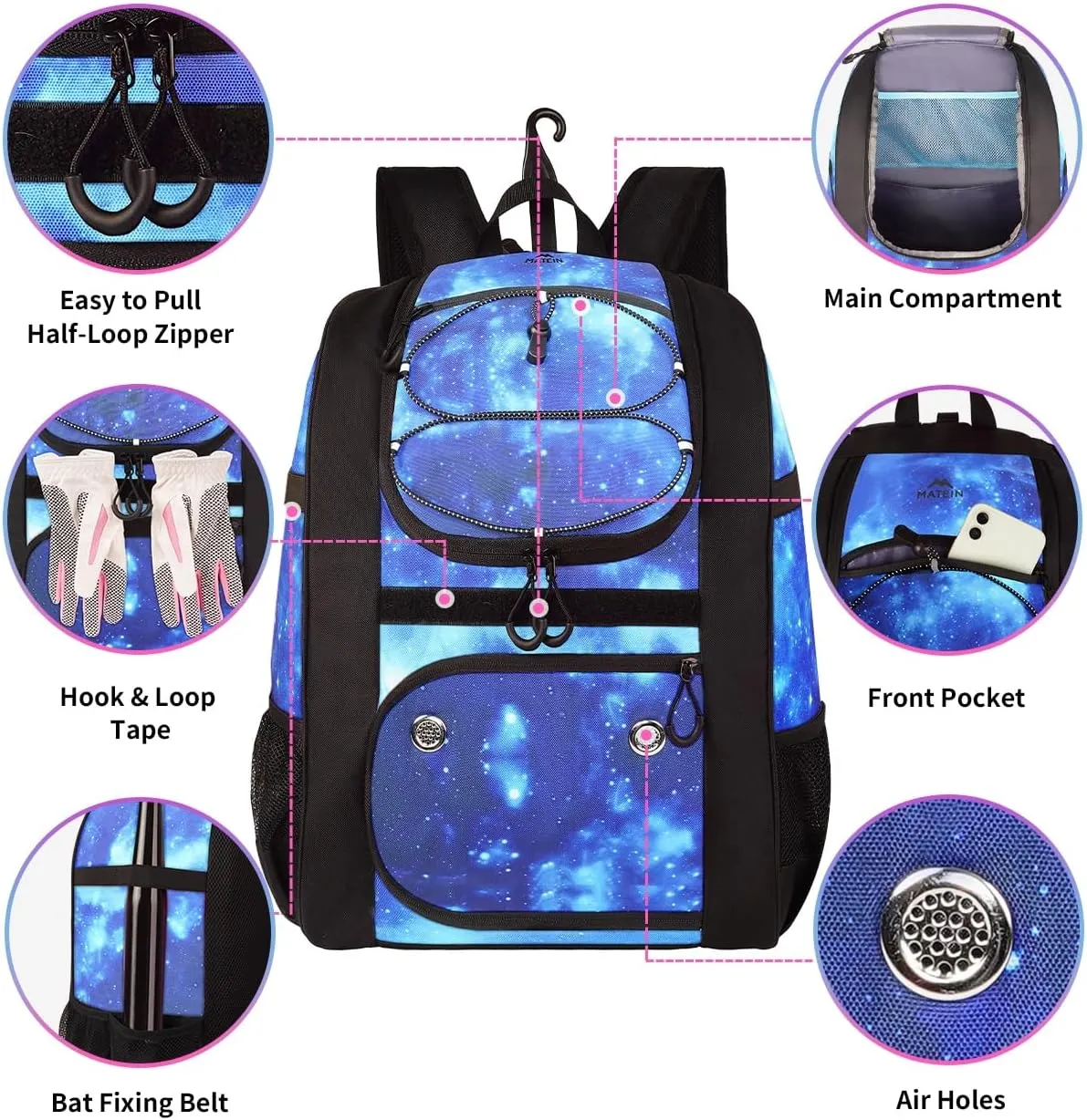 MATEIN Softball Bag, Lightweight Baseball Backpack with Shoe Compartment, Baseball Bag with Fence Hook for TBall Bat & Equipment, Softball Gifts Catchers Backpack for Women Fit Batting Glove, Helmet