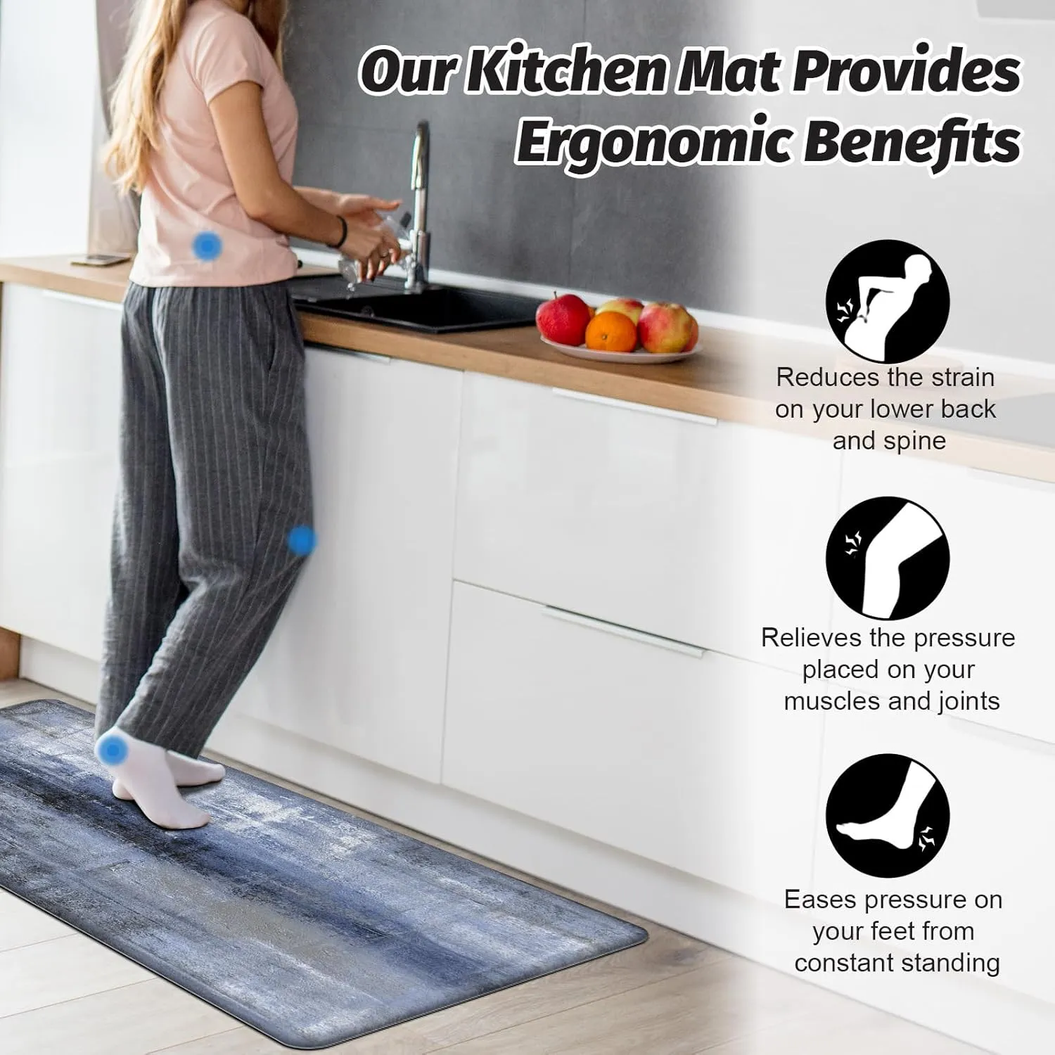 MAYHMYO Anti Fatigue Kitchen Mat - Set of 2 - Blue and Marble Design Comfort Mats - Cushioned, Non Slip Floor Mat