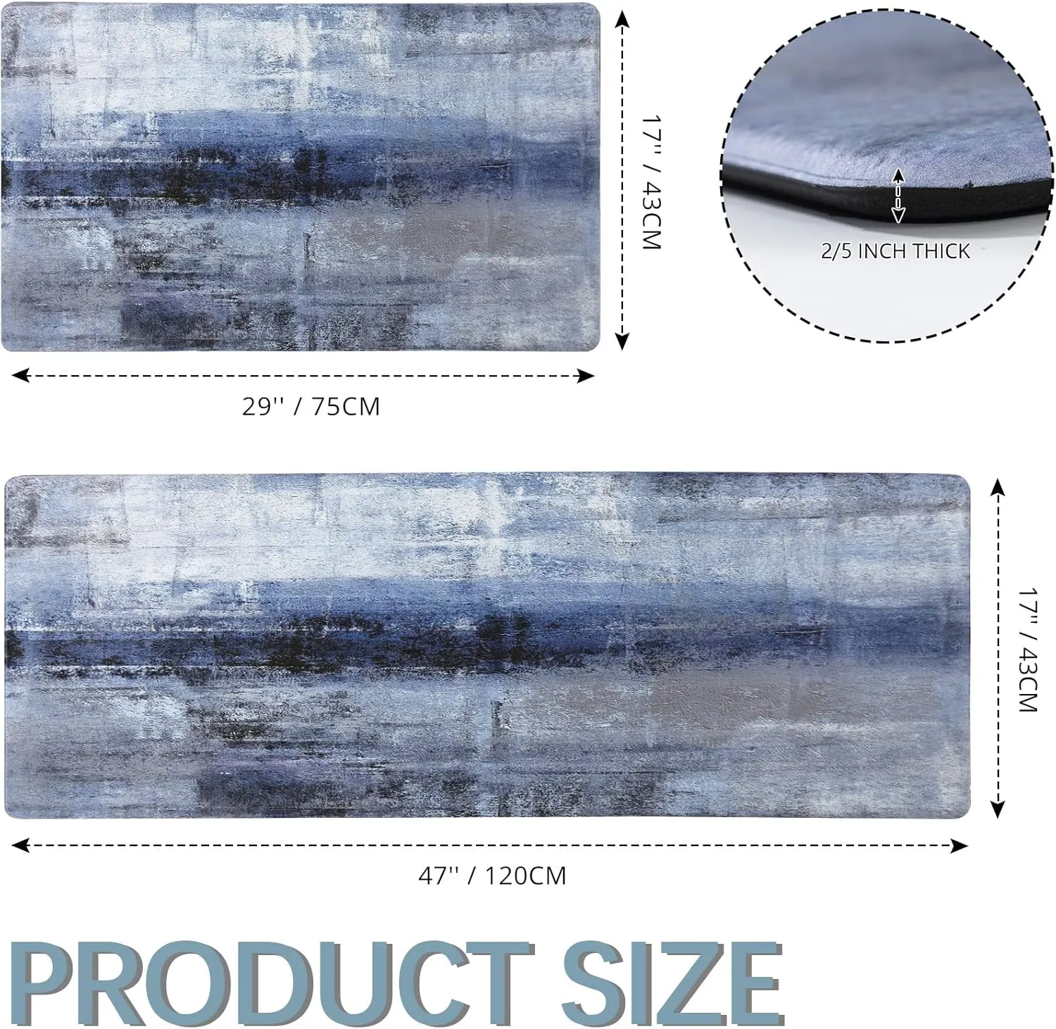 MAYHMYO Anti Fatigue Kitchen Mat - Set of 2 - Blue and Marble Design Comfort Mats - Cushioned, Non Slip Floor Mat